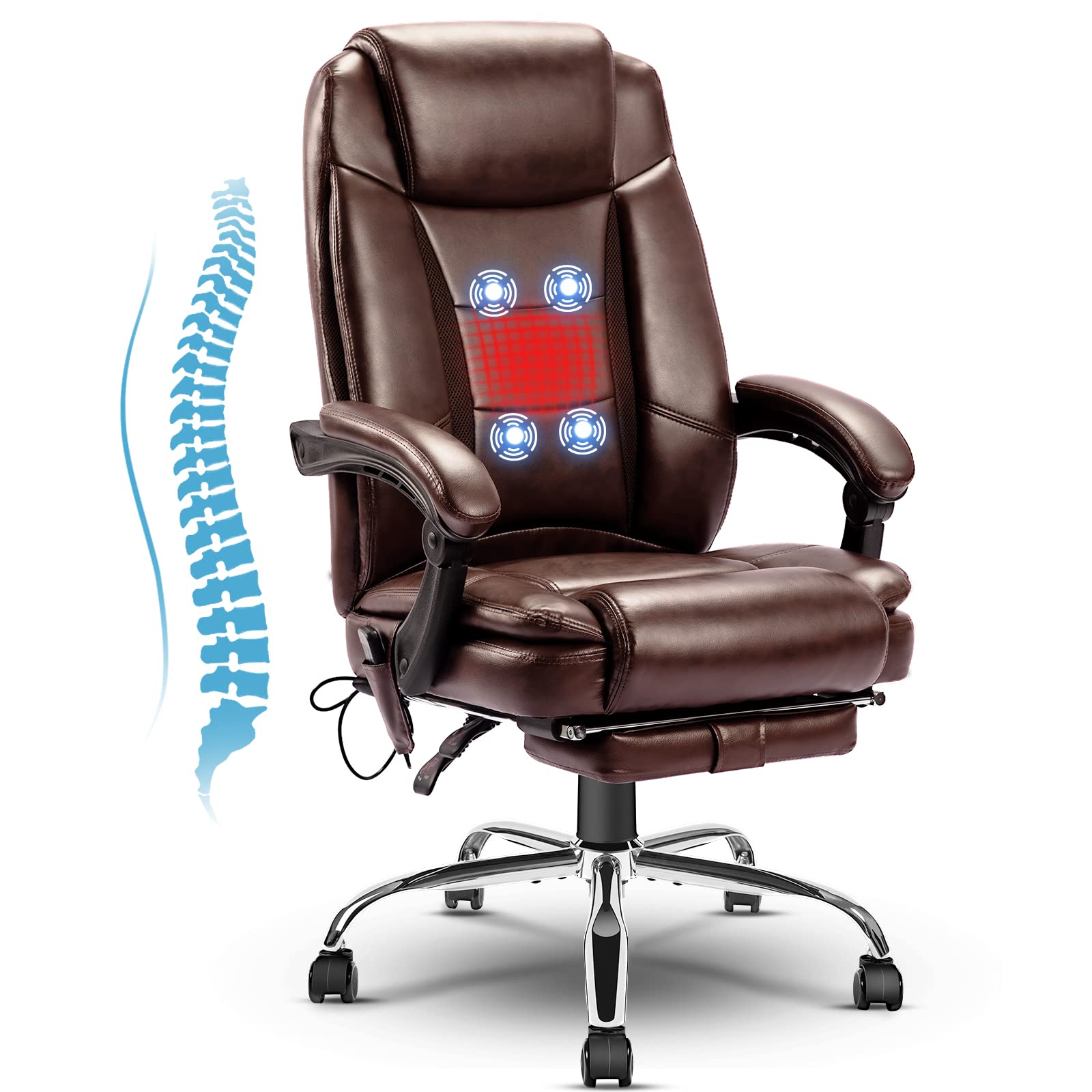 NOBLEMOOD Executive Office Chair with 4-Point Massage & Heating - Ergonomic Big and Tall Mesh Chair with Lumbar Support, Footrest & Reclining Function (Brown) - Perfect for Home Office, Gaming & Workspaces