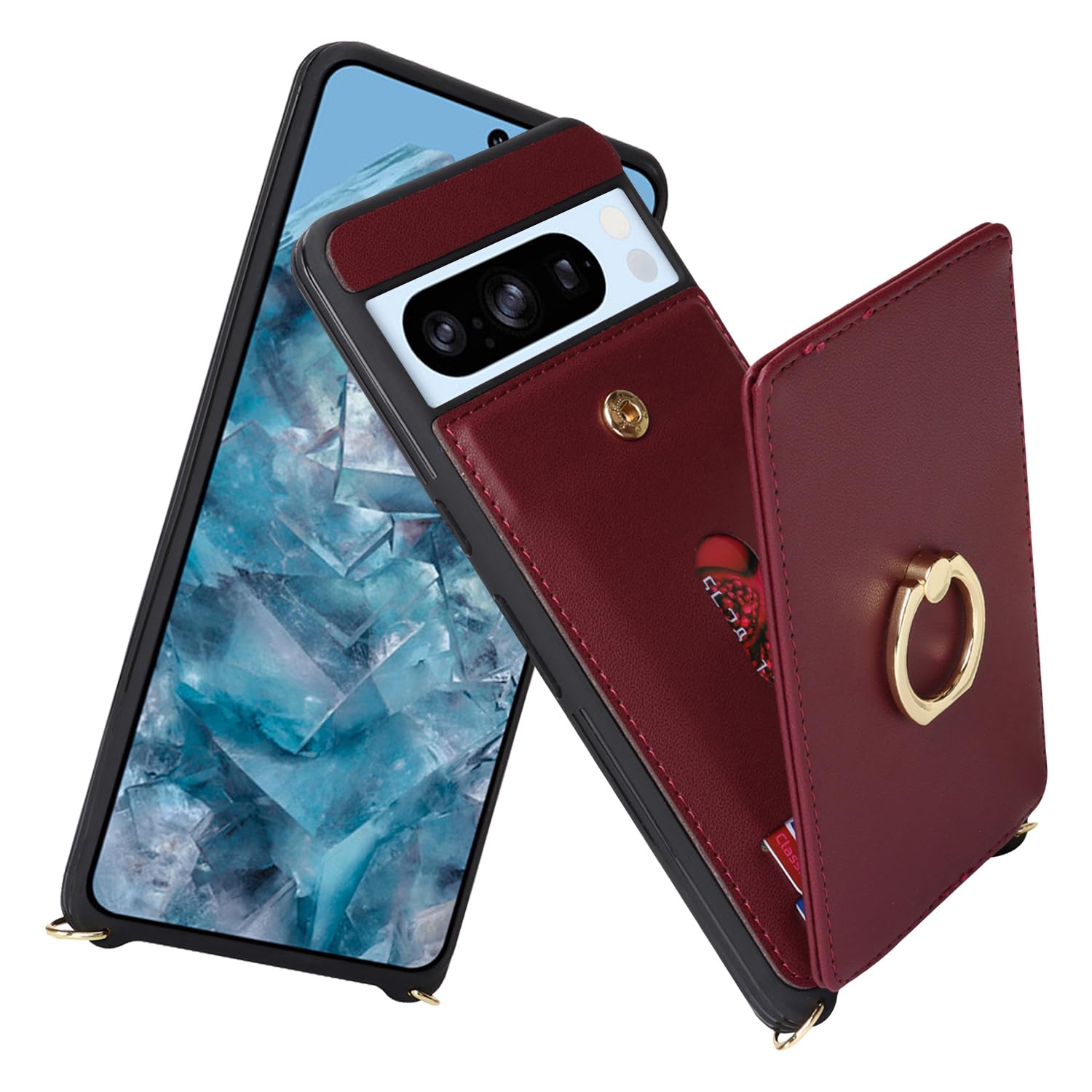 Google Pixel 8 Pro Case 6.7 inch - Slim Wallet Phone Case with Card Holder, Crossbody Lanyard & Kickstand (Wine Red) | Perfect for Women's Everyday Use, Travel & Hands-Free Convenience