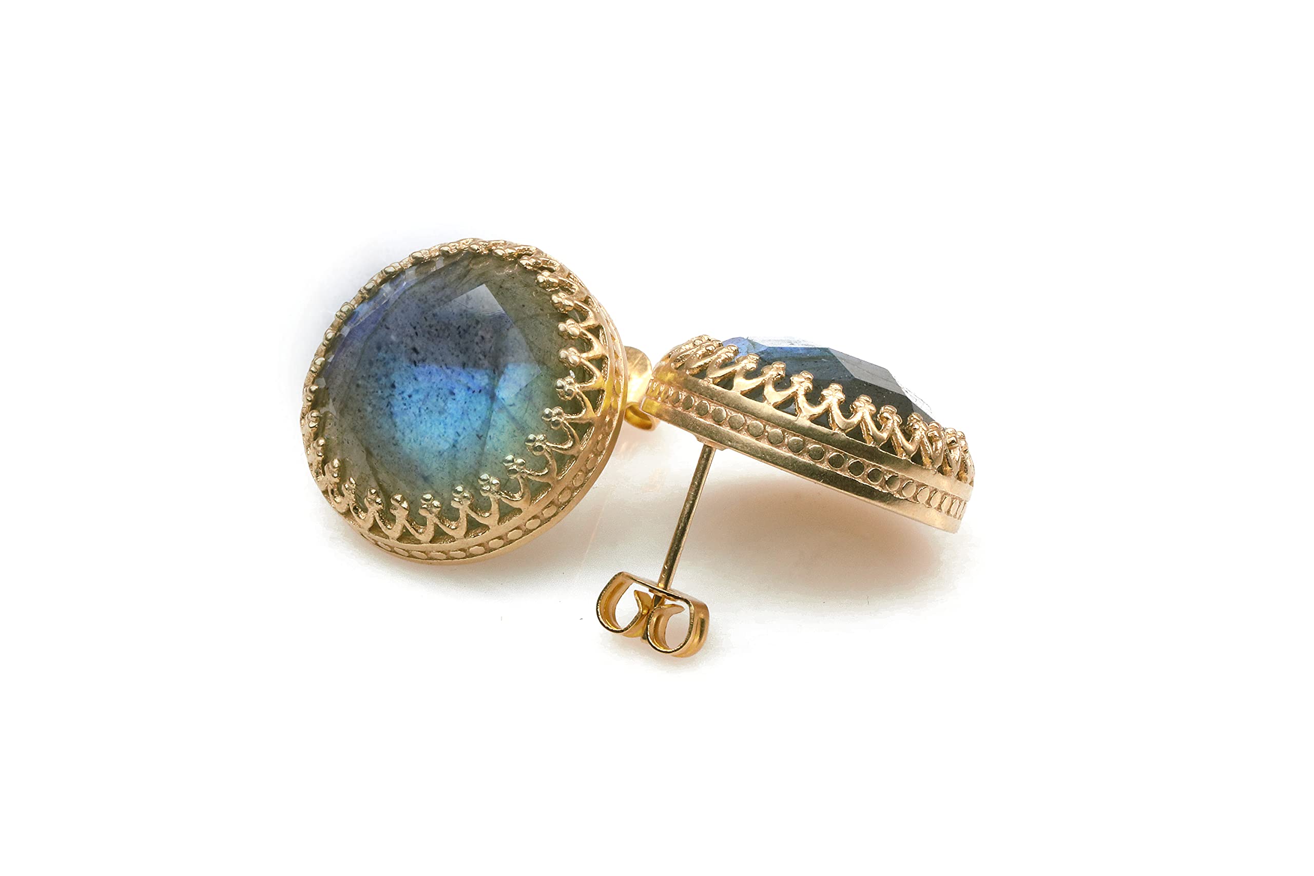 Labradorite Stud Earrings for Women - Handmade Round Large Gemstone Earrings - Fashion Statement Jewelry Gift (Perfect for Parties, Weddings & Everyday Wear)