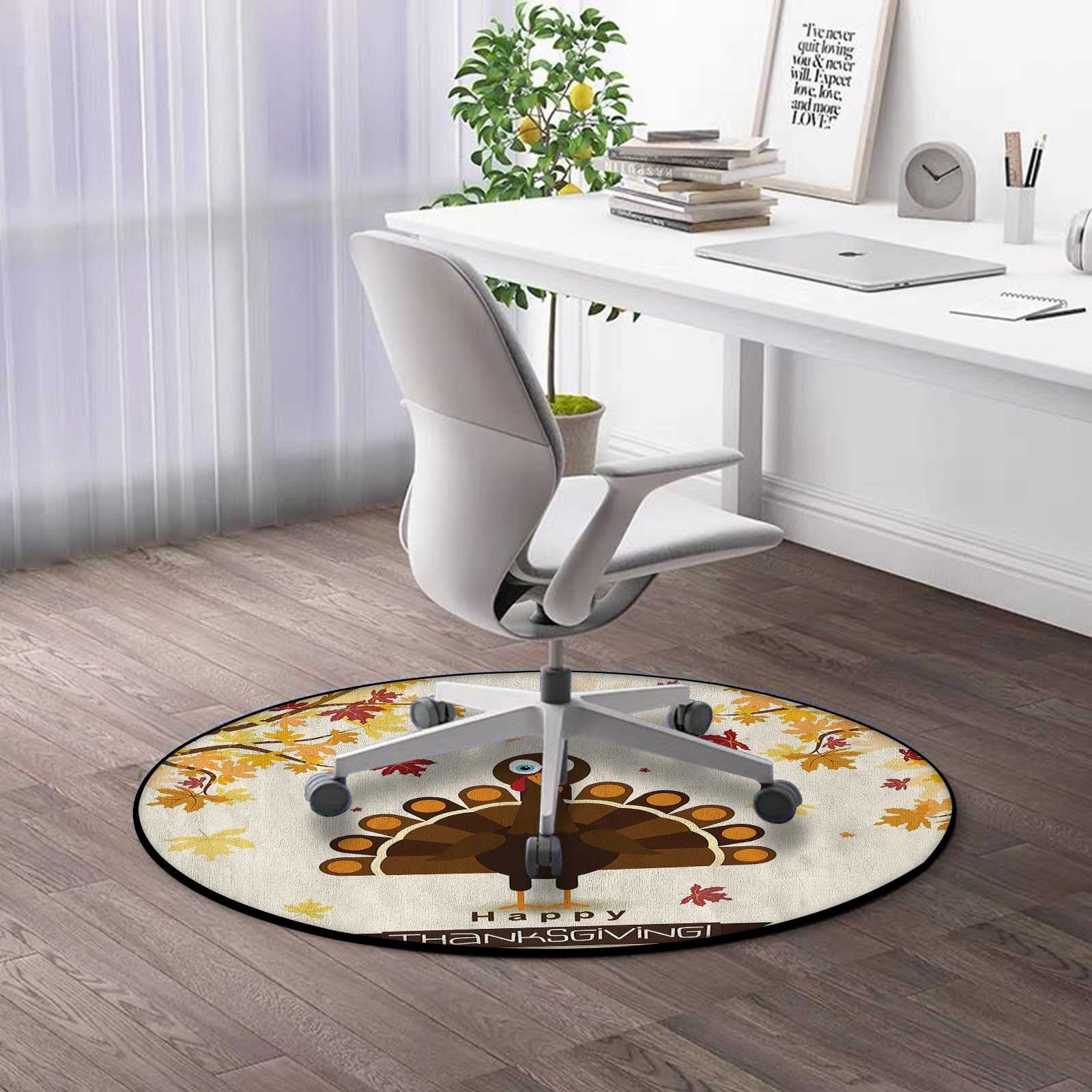 4ft Circle Rug for Desk - Brown Orange Yellow Office Carpet Mat for Computer Workstation