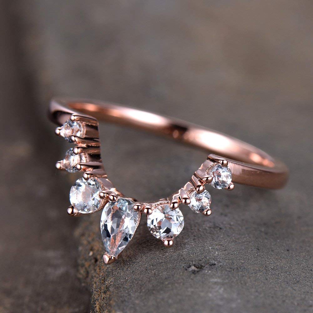Elegant Aquamarine Crown Wedding Band - Rose Gold Plated Sterling Silver Chevron Stacking Ring for Women, Perfect for Bridal, Anniversary & Engagement Jewelry Gifts