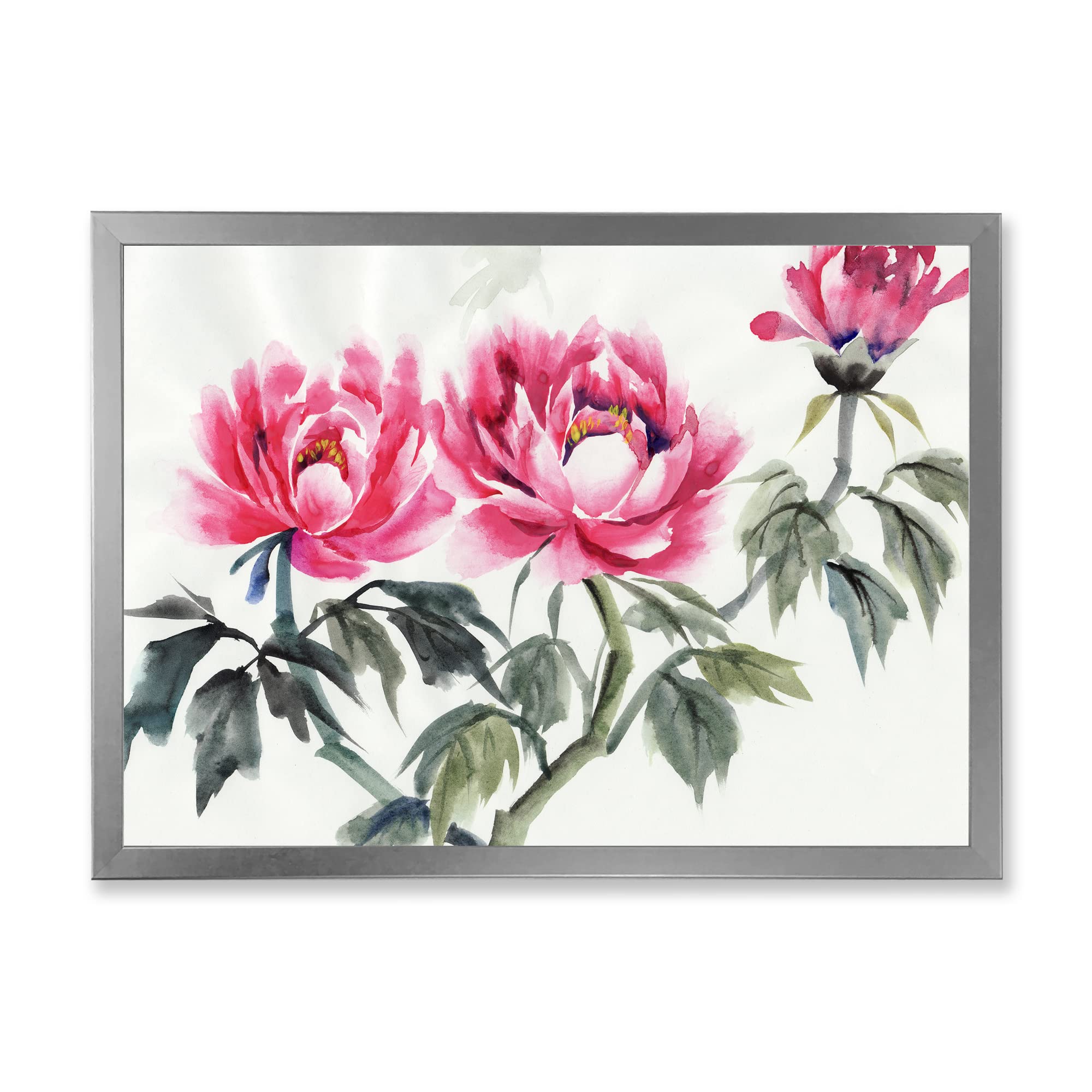 Vintage Purple Peonies Branch Framed Wall Art - Traditional Floral Home Decor for Living Room, Bedroom & Office - Handmade Canvas Painting for Housewarming Gift