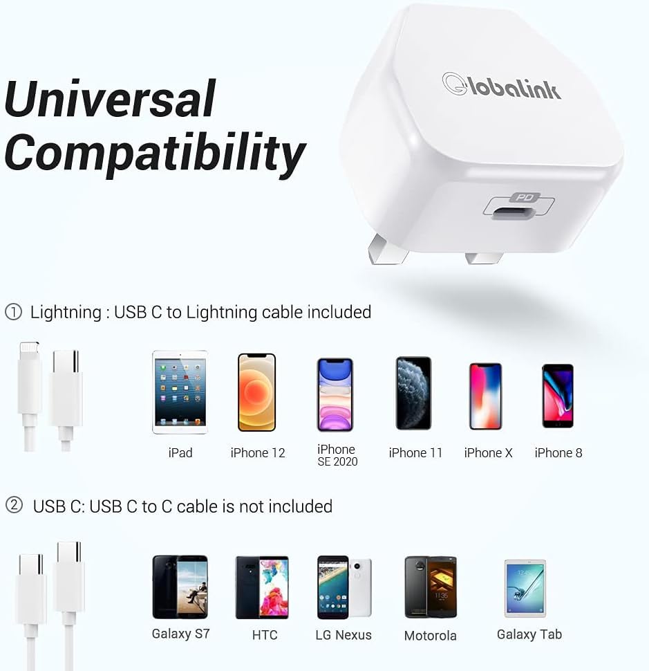 20W USB C Fast Charger with 2M Cable - MFi Certified PD Charger for iPhone 14/13/12/11 Pro Max/X/XR/XS & iPad/AirPods Pro - Compact USB-C Wall Plug for Home, Office & Travel Charging