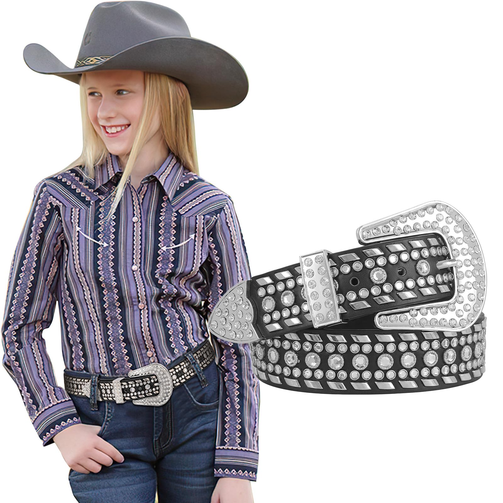 SUOSDEY Sparkling Rhinestone Belt for Girls & Boys - Western Cowgirl Cowboy Studded Leather Belt for Kids | Perfect for Birthday Parties, Rodeo Events & Western Fashion Outfits
