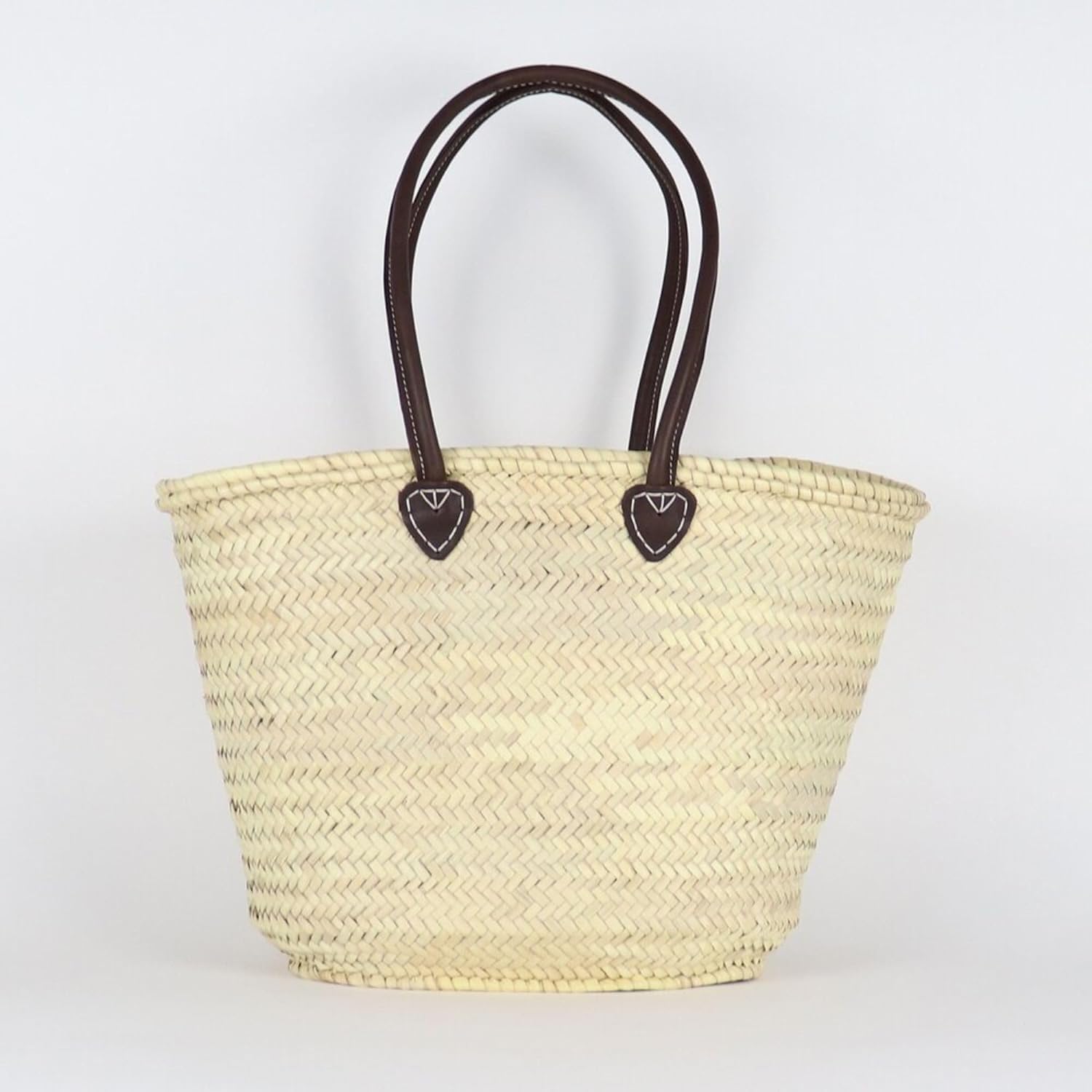 French Straw Basket Bag with Leather Handles - Eco-Friendly Woven Beach Tote, Market Shopping Basket, Natural Wicker Handbag (Brown) - Perfect for Beach Vacations, Farmers Markets & Boho Home Decor