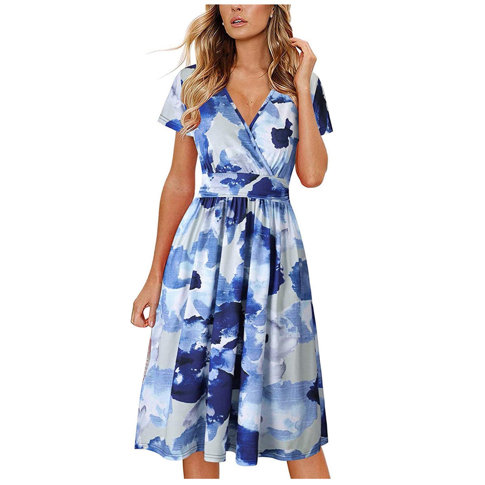 Vintage Floral Midi Dress for Women - Elegant V-Neck Short Sleeve Knee-Length Summer Evening Dress | Perfect for Garden Parties, Date Nights & Formal Occasions