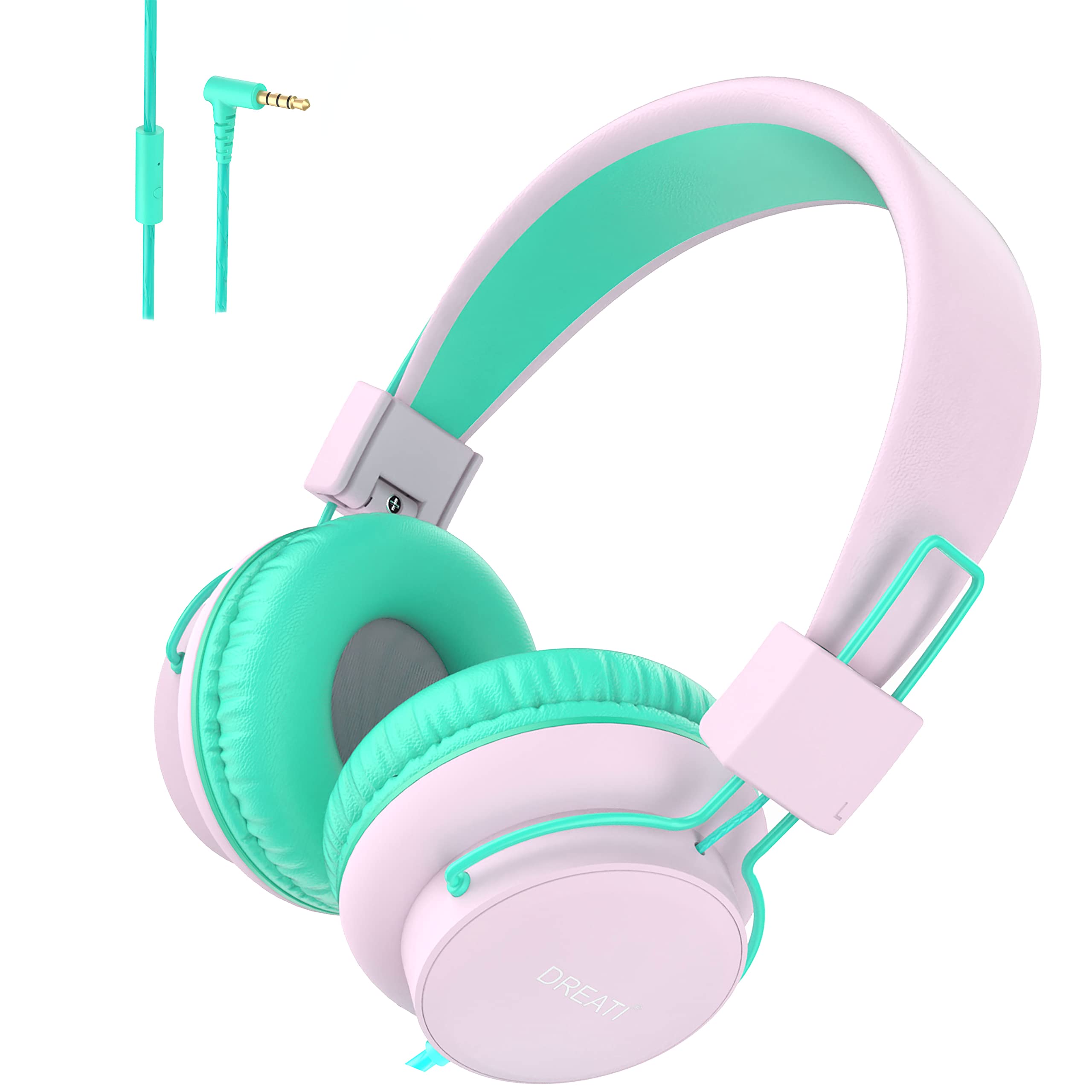 DREATI Kids Headphones for Girls - Over Ear Wired Headphones with Microphone, Tangle-Free Design for Teens & Children - Perfect Gift for School, iPad, PC, Cellphone (Pink) - Ideal for Online Classes, Gaming & Music Listening