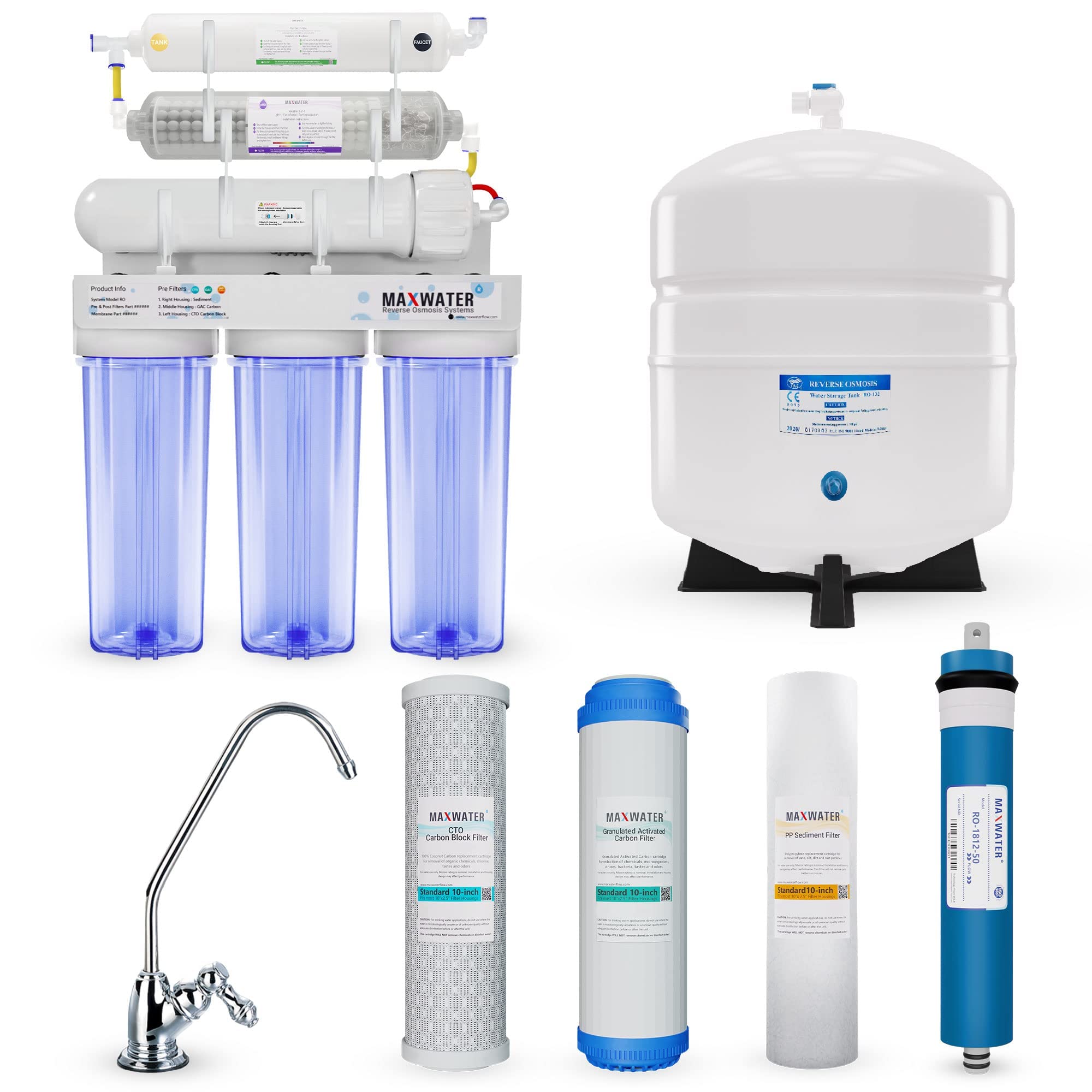 Max Water 8-Stage 50 GPD Reverse Osmosis Alkaline Water Filter System with pH Balance, Faucet & Storage Tank - Under Sink Drinking Water Purifier for Home, Kitchen & Office Use