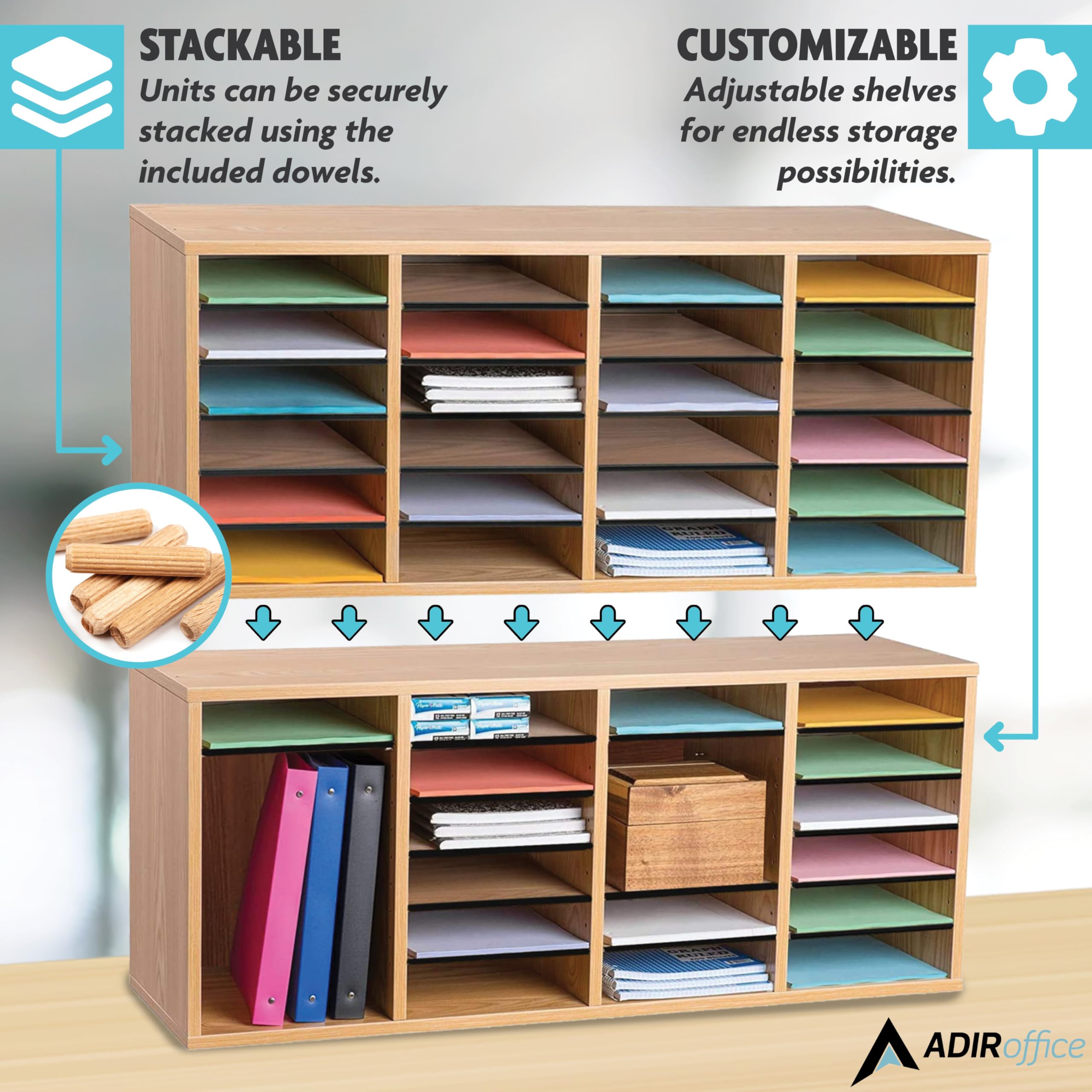 AdirOffice Wooden Adjustable Literature Organizer - 24 Compartment Mailbox for Office & Classroom - Medium Oak Finish - Perfect for Organizing Files, Books, and Mail in Workspaces or Schools
