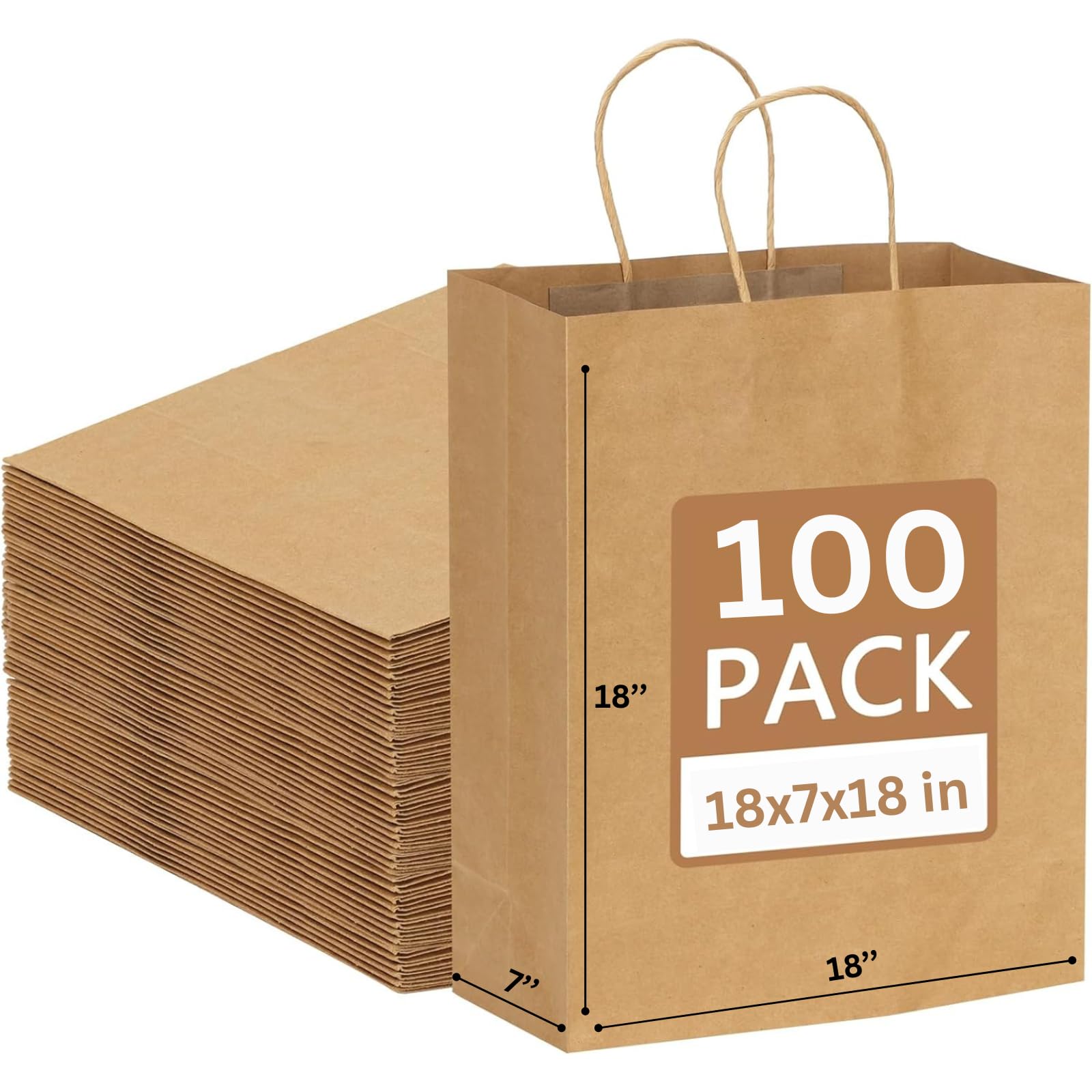 JET PAPER BAGS - 18x7x18 Inch [100 Pcs] Large Brown Kraft Paper Bags with Handles for Takeout, Grocery, Retail, Party, Wedding Gifts - Eco-Friendly Recyclable Gift Bags for Shopping, Packaging, and Events