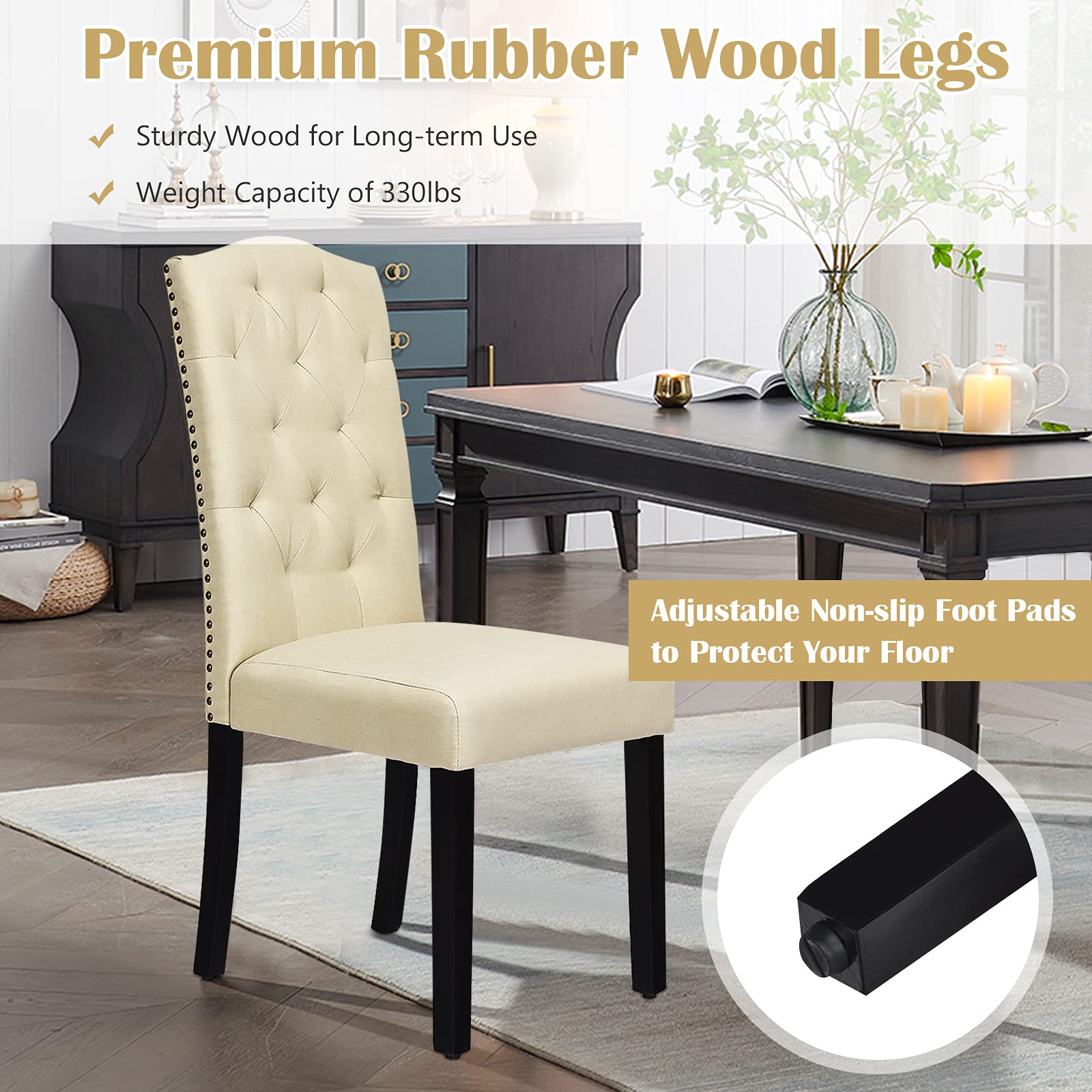 4-Piece Fabric Dining Chair Set - Upholstered Accent Chairs with Solid Wood Legs & Tall Back, Tufted Parsons Style for Kitchen, Dining Room, Office - Comfortable Beige Seating for Home & Restaurant Use