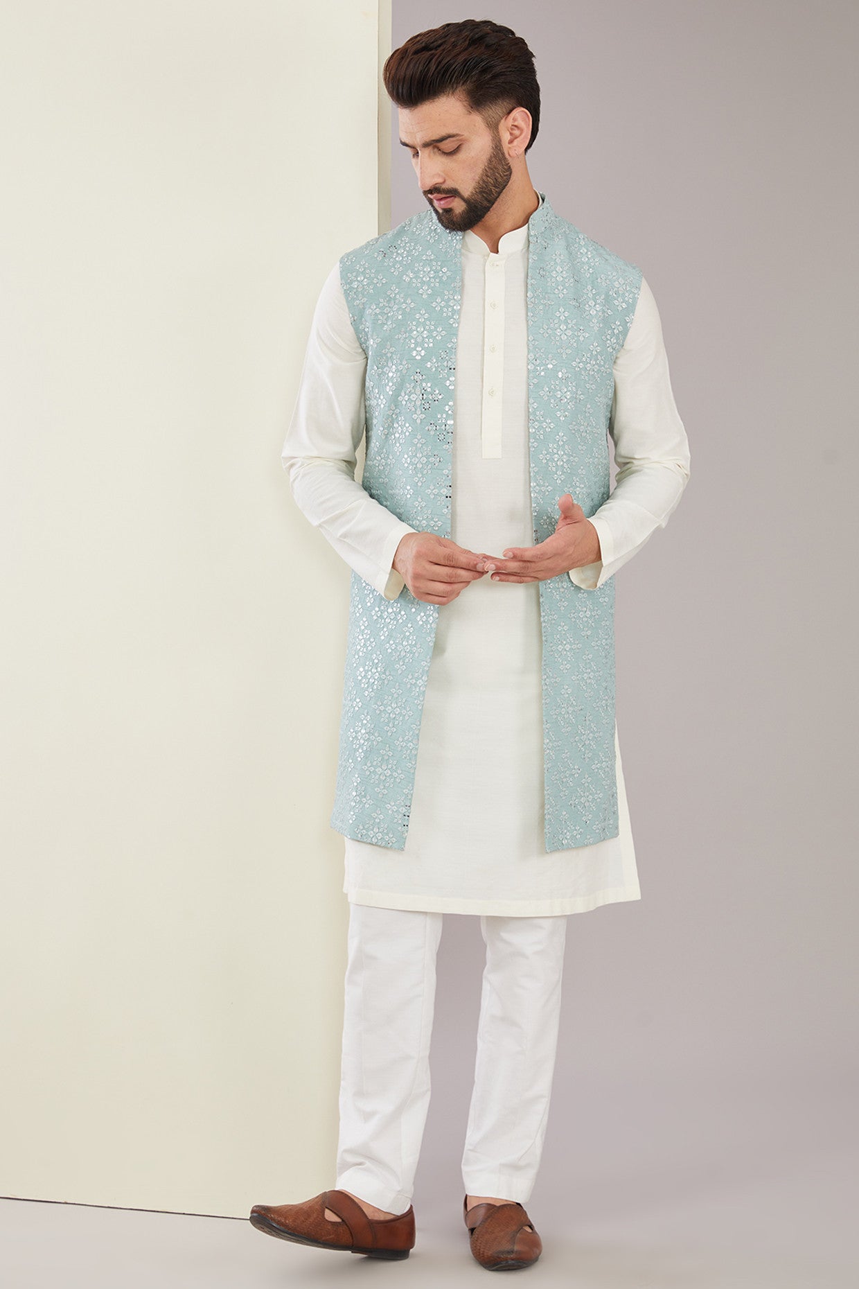 Pastel Blue Mirrorwork Shrug - Elegant Embroidered Bolero for Women | Perfect for Weddings, Parties & Special Occasions