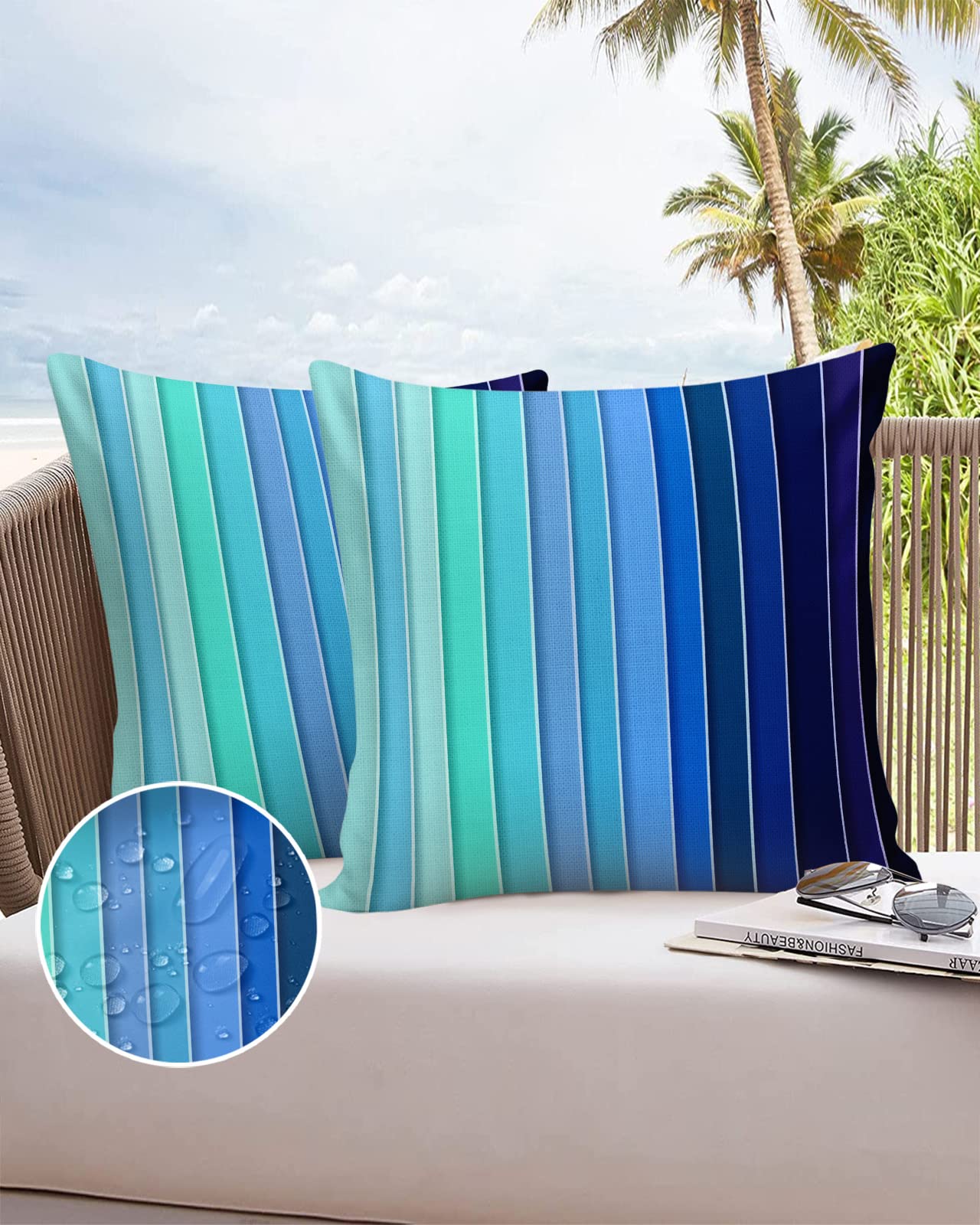 Waterproof Outdoor Pillow Covers Set of 2 - Blue Ombre Gradient Decorative Throw Pillow Cases 16x16 Inch for Patio Furniture, Sofa, Couch & Chair - Perfect for Backyard, Poolside & Indoor Decor
