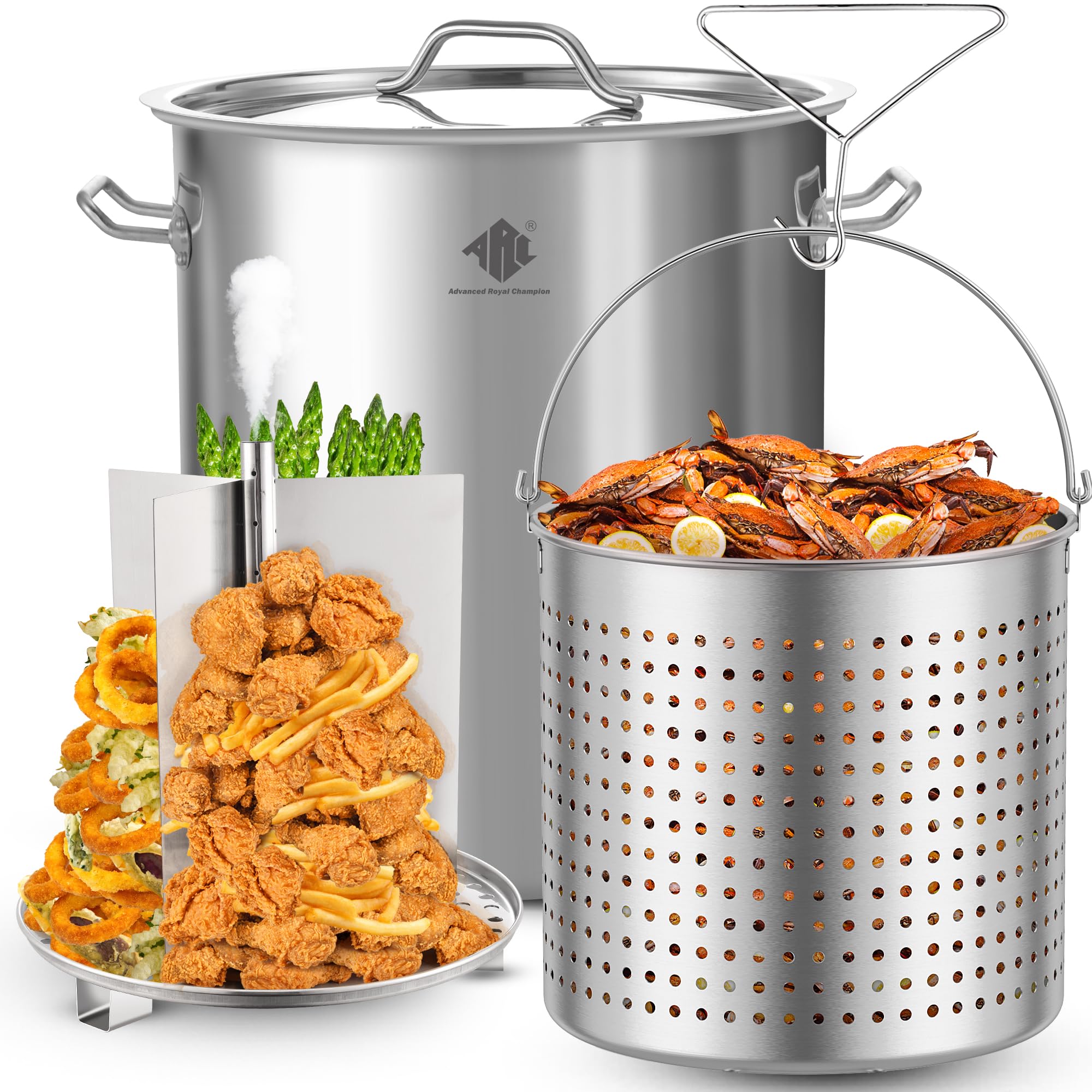64-QT Stainless Steel Stockpot with Basket & Steamer Rack - Large Seafood Boiler for Crawfish, Crab, Lobster, Shrimp - Outdoor Cooking Pot for Turkey Fryer, Tamales Steamer (16 Gallon) - Perfect for Backyard BBQs, Camping & Large Gatherings