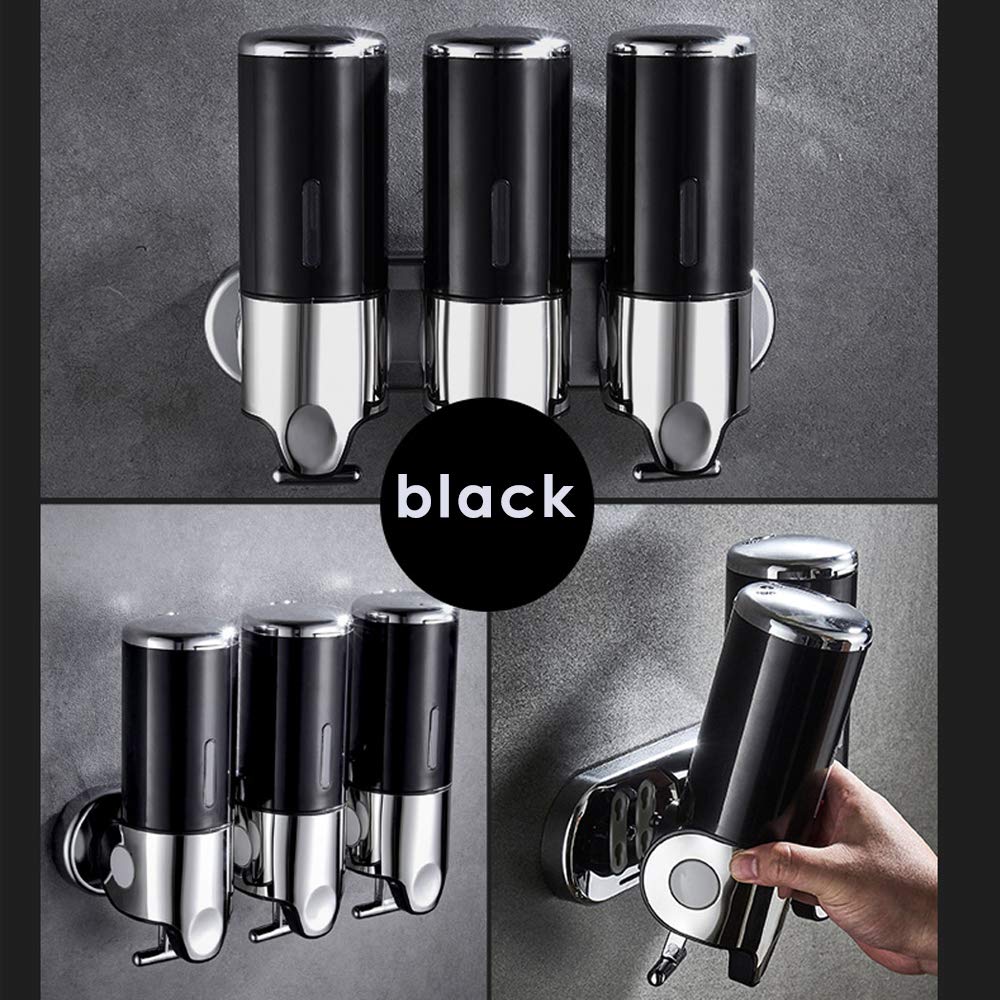 3x500ml Black Wall Mounted Soap Dispenser - Commercial & Home Bathroom Liquid Soap & Hand Sanitizer Pump - Durable Plastic Design for Kitchen, Restroom, Salon, and Office Use