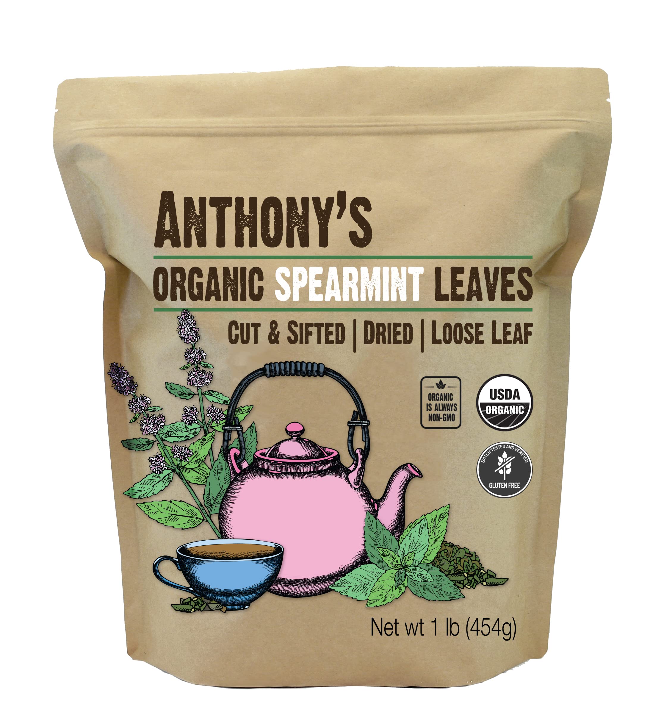 Anthony's Organic Dried Spearmint Leaves 1 lb - Gluten Free, Non-GMO, Cut & Sifted - Perfect for Tea, Cooking, Aromatherapy & Herbal Remedies