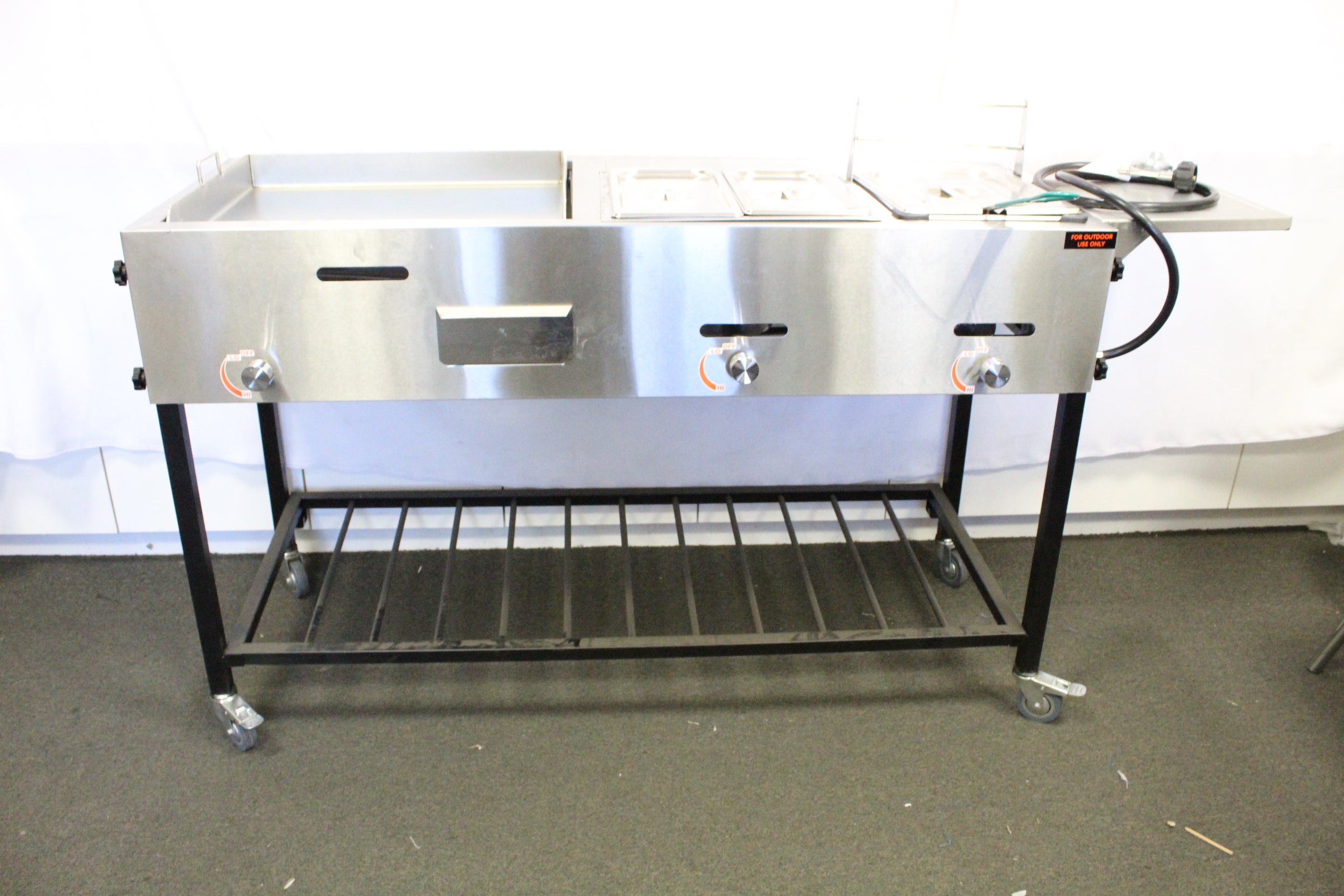 3 in 1 Taco Cart - Stainless Steel Griddle, Deep Fryer & Steamer for Outdoor Cooking - Perfect for Taco Stands, Food Trucks & Backyard Parties