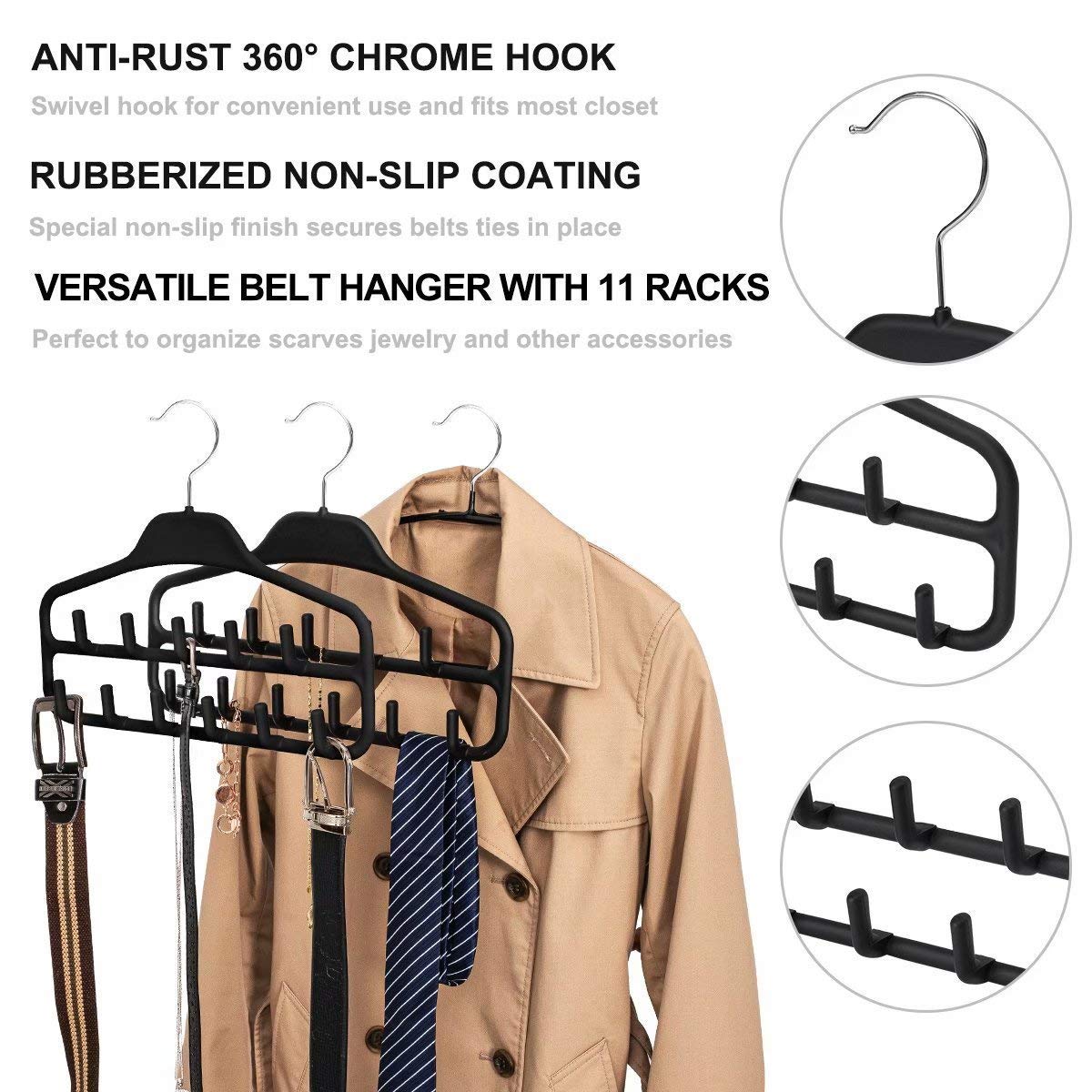 FairyHaus 2-Pack Non-Slip Belt & Tie Hanger Organizer - Durable Closet Hooks for Belts, Ties, Jewelry, Scarves (Black) - Perfect for Closet, Bedroom & Travel Organization