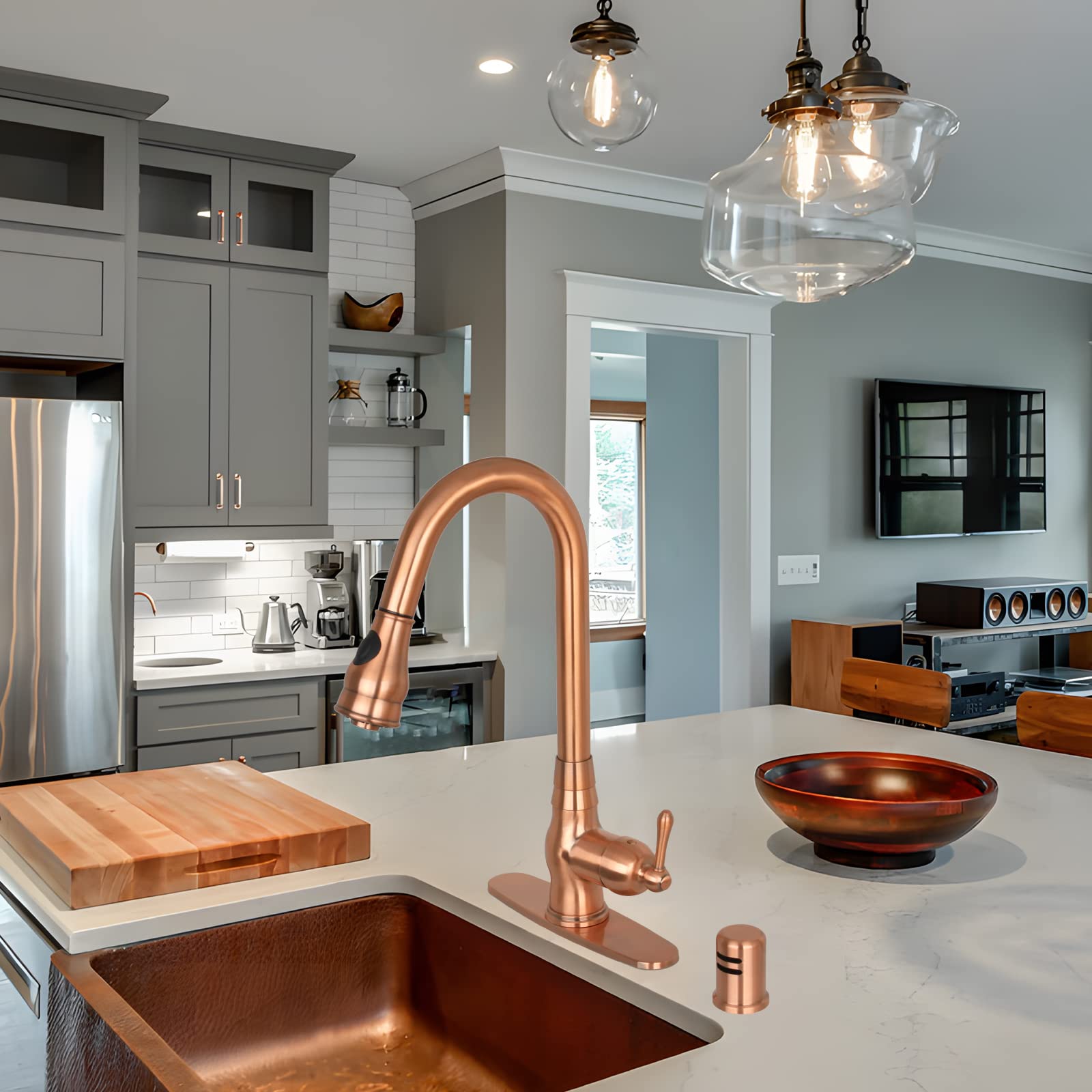 Akicon Copper Single-Hole Pull-Down Sprayer Kitchen Faucet - Single Handle Brushed Nickel Sink Faucet with High Arc Spout for Modern Kitchen & Bathroom Renovation