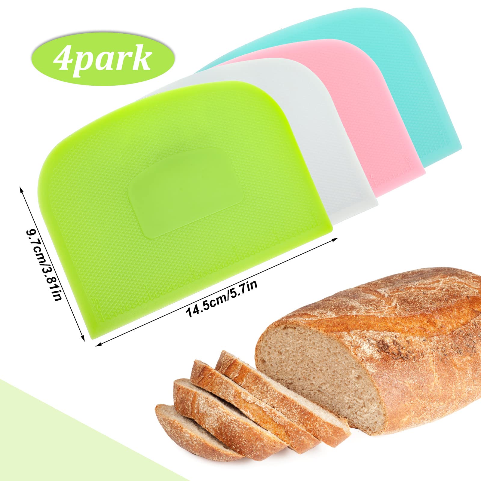 4-Piece Flexible Plastic Dough Scraper Set - Multi-Purpose Bowl Scraper & Food Cutter for Baking Bread, Cake, Fondant Icing (White, Green, Blue, Pink) - Perfect for Home Bakers & Professional Kitchens