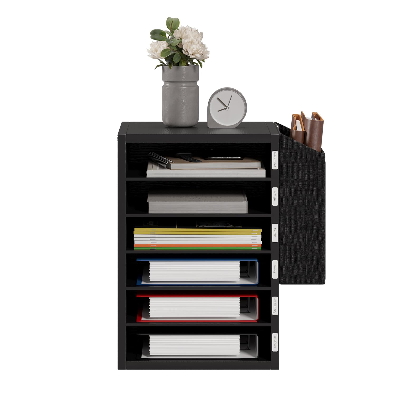6-Tier Adjustable Wooden Mail Sorter with Name Slots - Black Literature Organizer, Office Desk File Storage, Teacher Classroom Mailbox - Perfect for Home Office, School, and Mail Organization