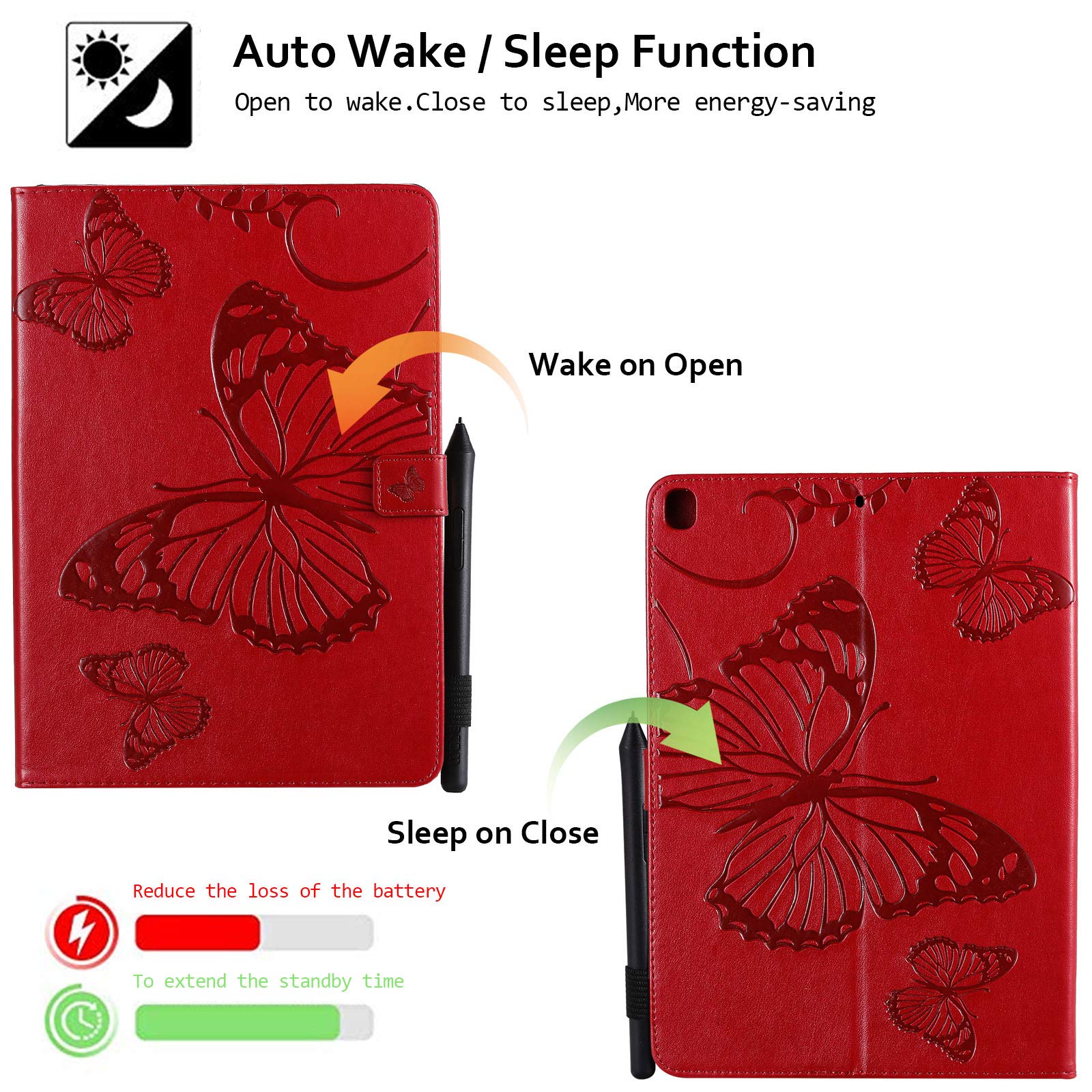 Premium Magnetic Leather Case for iPad 10.2 (9th/8th/7th Gen) & iPad Air 10.5 - Techcircle Butterfly Embossed Folio Cover with Auto Sleep/Wake | Wallet Stand & Protective Case (Red) - Perfect for Work, Travel & Daily Use