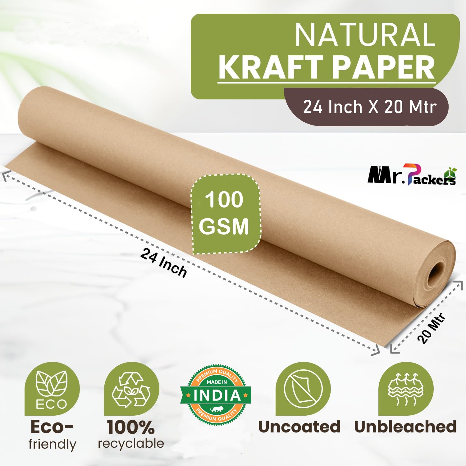 Mr Packers 24 Inch x 20 Meter Eco-Friendly Kraft Paper Roll - Natural Brown, 100 GSM | Ideal for Packaging, Gift Wrapping, Arts & Crafts, Shipping & DIY Projects | Unwaxed Uncoated Paper | Perfect for Small Business, Ecommerce Shipping & Home Decor Projects