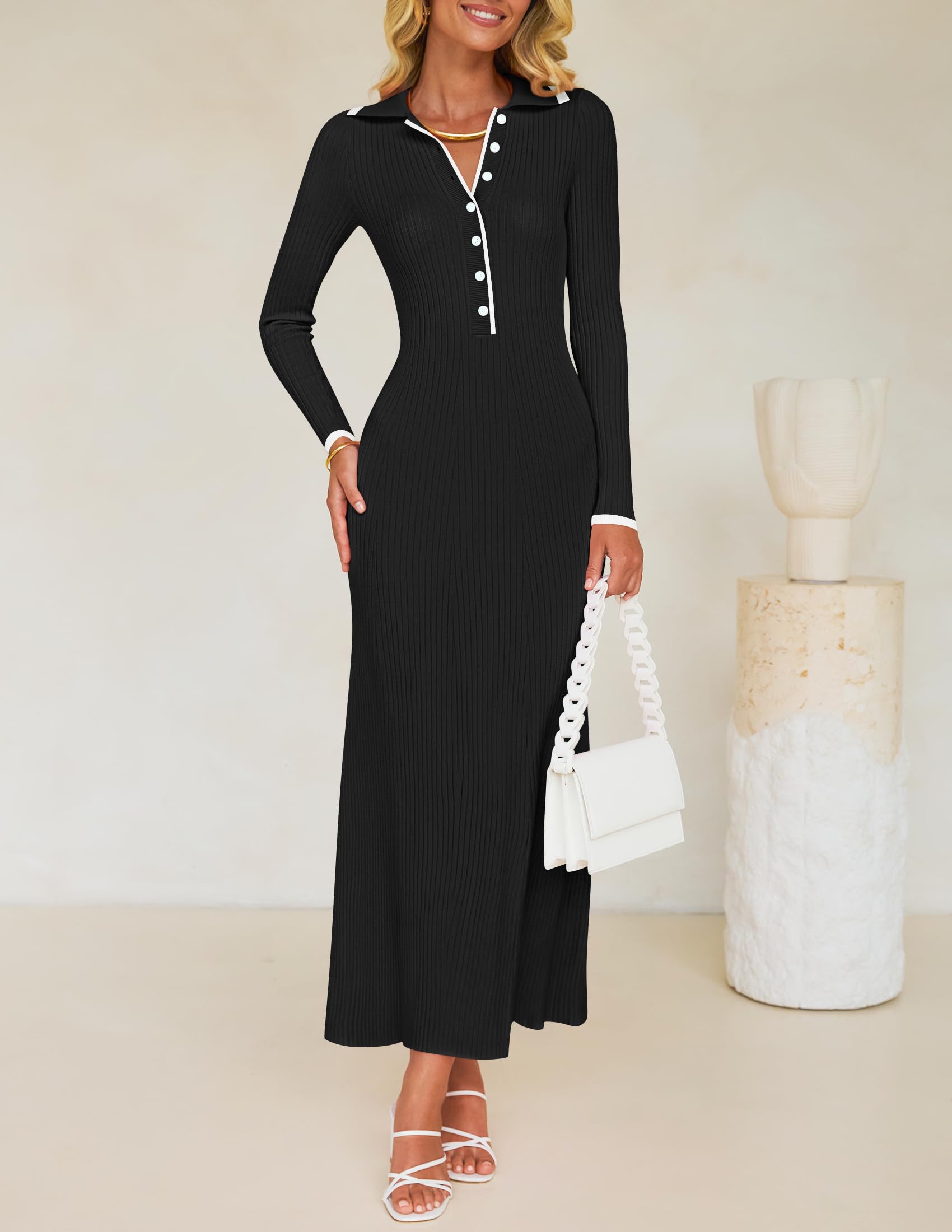 ZESICA Women's Long Sleeve Sweater Dress 2025 - V Neck Ribbed Knit Bodycon Maxi Dress for Spring | Casual, Formal & Cocktail Party Wear | Office, Date Night, Holiday Outfits