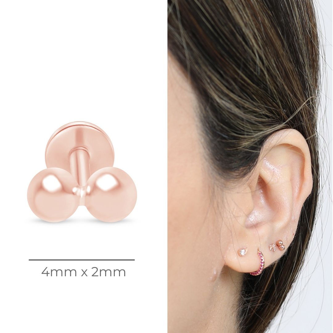 14K Rose Gold Double Ball Flat Back Ear Studs - Hypoallergenic Cartilage Earrings for Women, Perfect for Daily Wear & Special Occasions