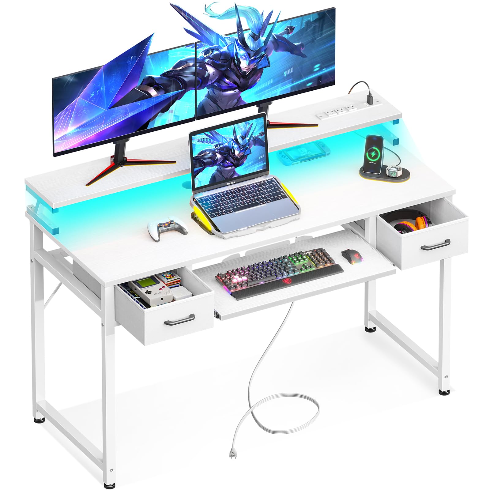 ODK 48 Inch Gaming Desk with LED Lights & Power Outlet - Ergonomic Computer Desk with Drawers, Keyboard Tray & Monitor Stand - Home Office Workstation for PC Gaming & Remote Work (White) - Perfect for Small Spaces & Streaming Setups