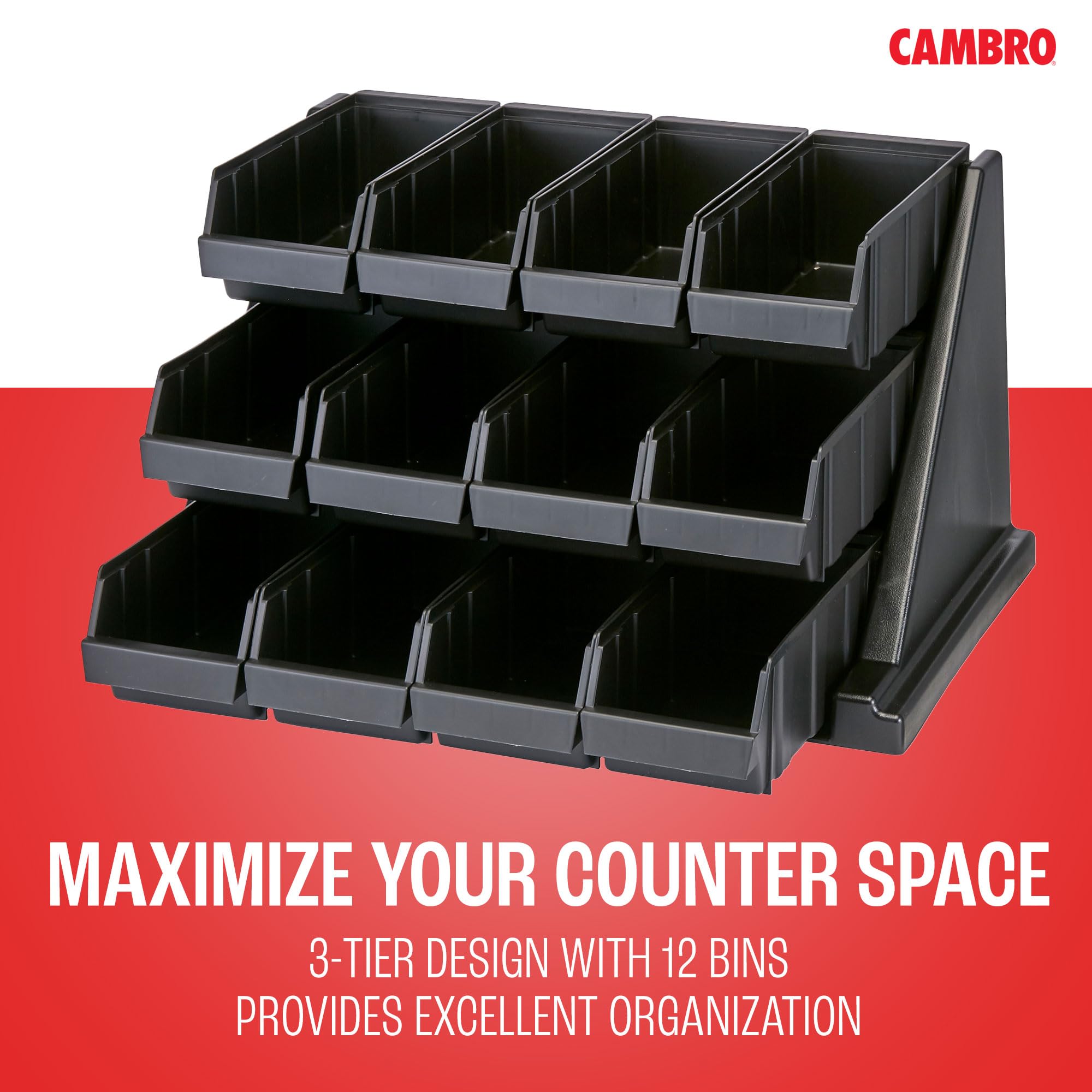 Cambro Versa Self Serve Condiment and Utensil Storage Bin - 12 Compartment Organizer for Food, Coffee, and Kitchen Supplies (Black) - Perfect for Restaurants, Cafes, and Home Kitchens