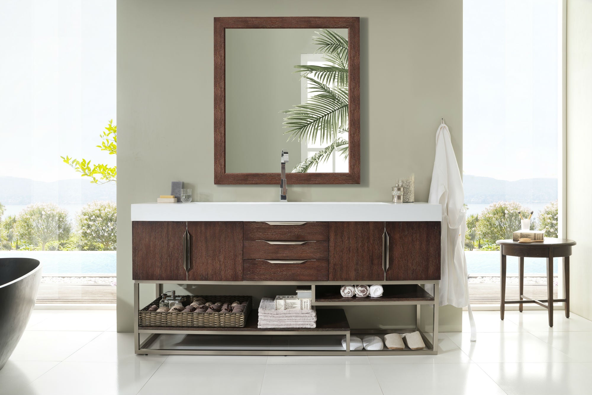 Columbia 72 Single Vanity with Glossy White Composite Top - Coffee Oak Bathroom Vanity for Modern Homes | Perfect for Master Bath, Guest Bath & Powder Room Makeovers