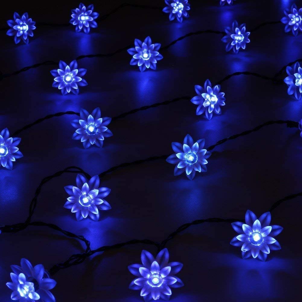Solar Powered Outdoor String Lights - 50 LED Waterproof Lotus Flower Fairy Lights, 21ft for Garden, Patio, Wedding & Christmas Decor (Blue) | Perfect for Backyard, Party, Holiday & Home Decoration