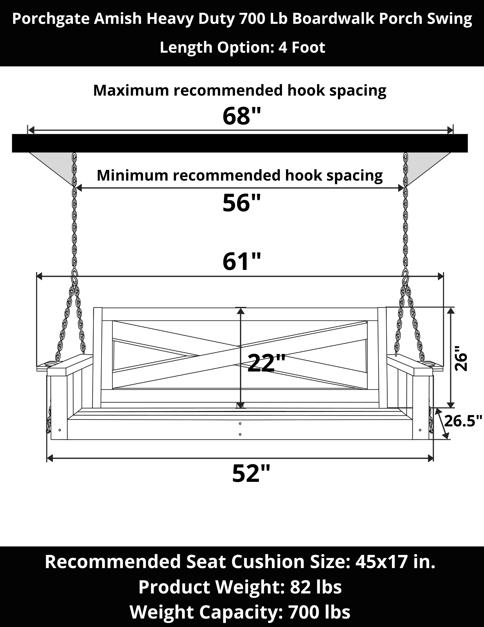 Amish Heavy Duty 700 Lb Capacity Porch Swing - Outdoor Wooden Bench for Patio, Garden & Backyard Relaxation