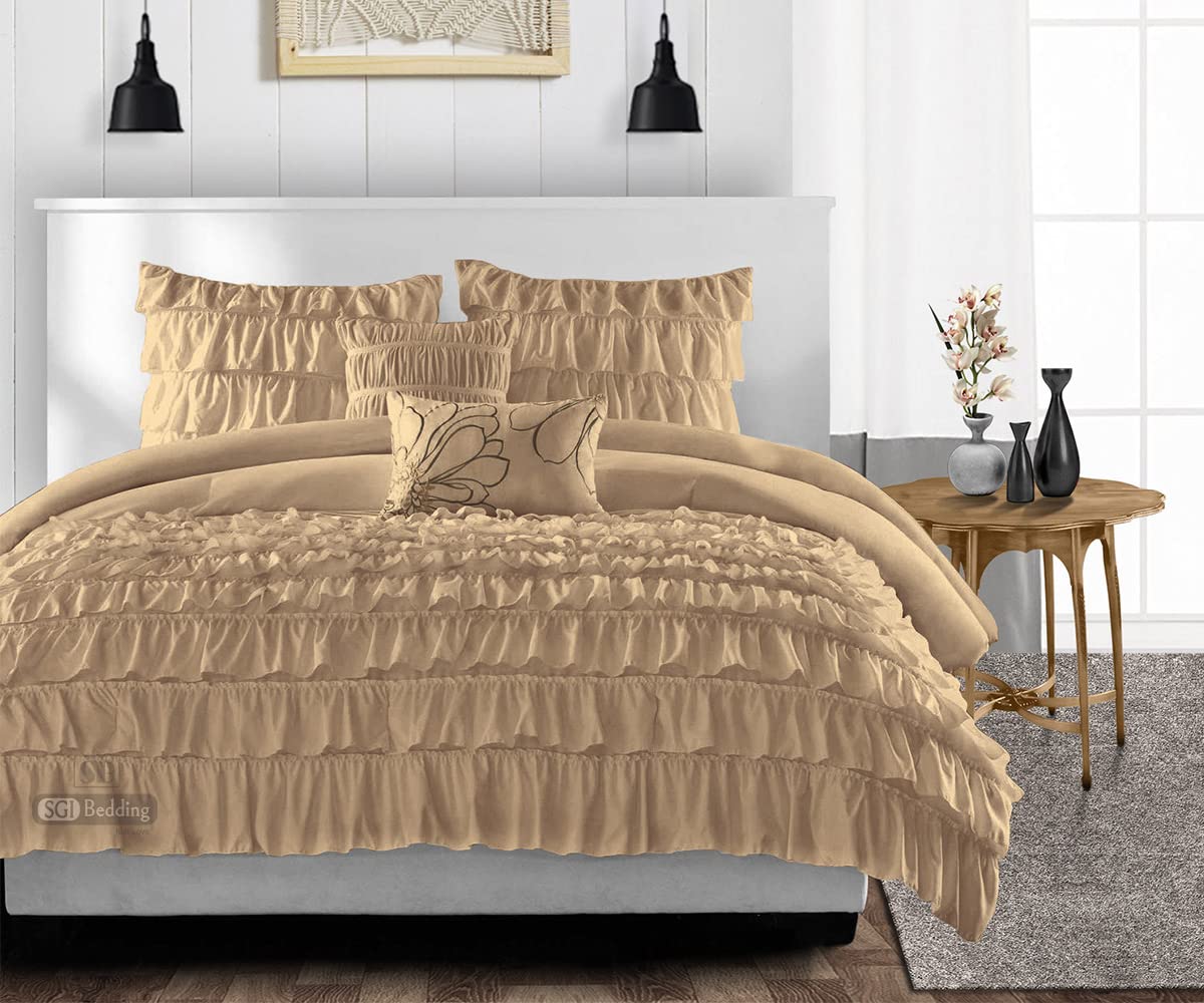 Premium 300 GSM Plush Siliconized Microfiber Comforter Set - Full Size Taupe Duvet Insert with Multi-Ruffle Design, Box Stitched Quilting & Matching Pillowcases | Ultra Soft & Fluffy for Bedroom Luxury | Perfect for Cozy Nights, Guest Rooms & Hotel-Style Comfort