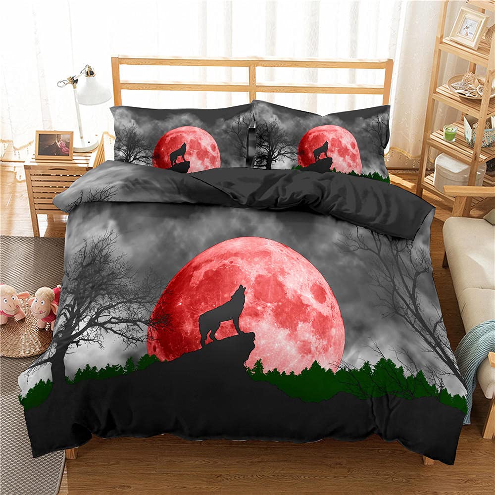 Grey Wolf & Red Moon Queen Size Duvet Cover Set - 90