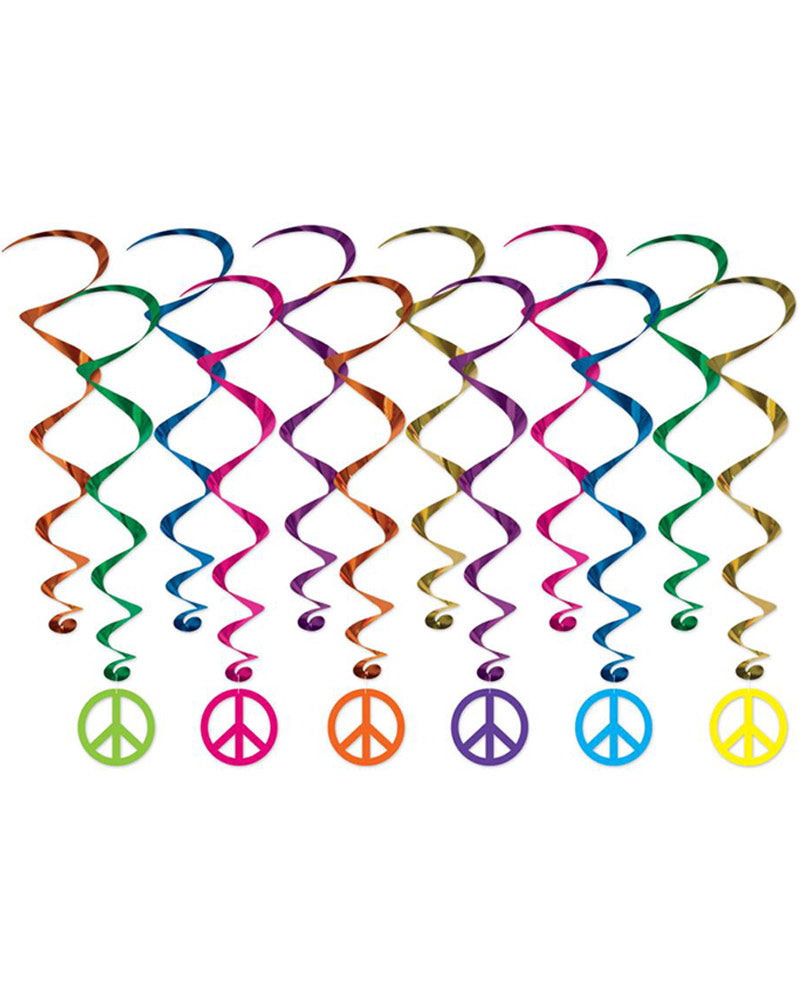 60s Peace Sign Hanging Swirl Decorations - Pack of 12 Retro Hippie Party Decor - 81cm Long Vinyl Streamers for Room, Wall, Festival & Birthday Party Decorations