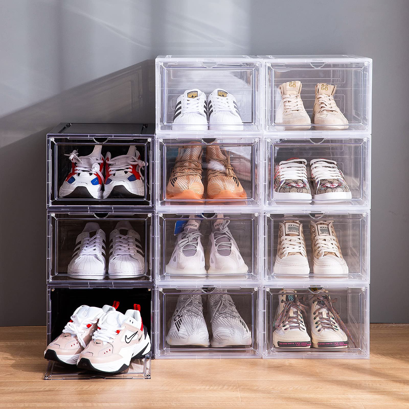 Attelite Stackable Clear Plastic Shoe Storage Box Organizer with Magnetic Door - Set of 6, Thick & Sturdy, Easy Assembly, Fits Up to US Men's Size 12 (Black) - Perfect for Closet Organization, Sneaker Display, and Shoe Collection Storage