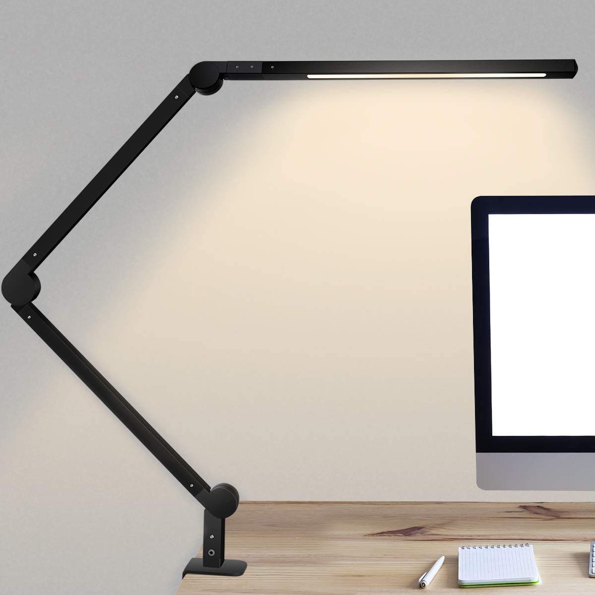 LED Desk Lamp with Clamp - Dimmable Swing Arm Architect Light with Timer, Memory & Touch Control, 3 Color Modes, Eye-Caring Task Light for Study, Reading, Office & Workbench (Black) - Perfect for Home Office, Dorm Room & Nighttime Work