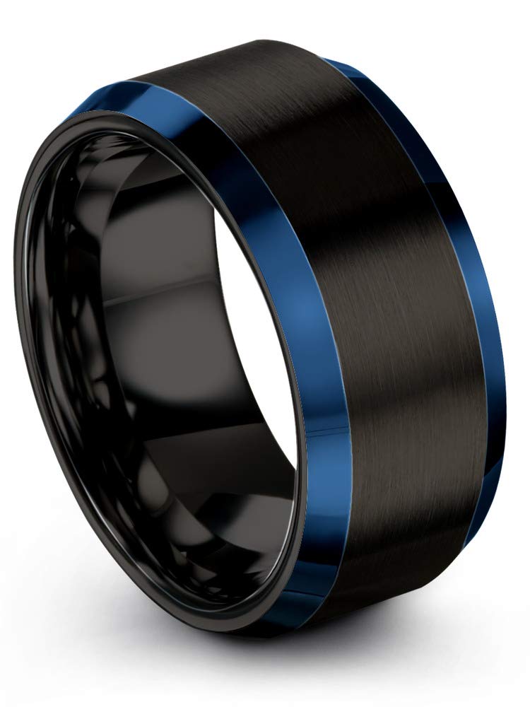 Premium Tungsten Carbide Wedding Band Ring for Men & Women - 10mm Blue Black Gunmetal with Blue Beveled Edge - Brushed & Polished Finish - Custom Engraving for Anniversary & Engagement - Perfect for Everyday Wear, Special Occasions & Gift Giving
