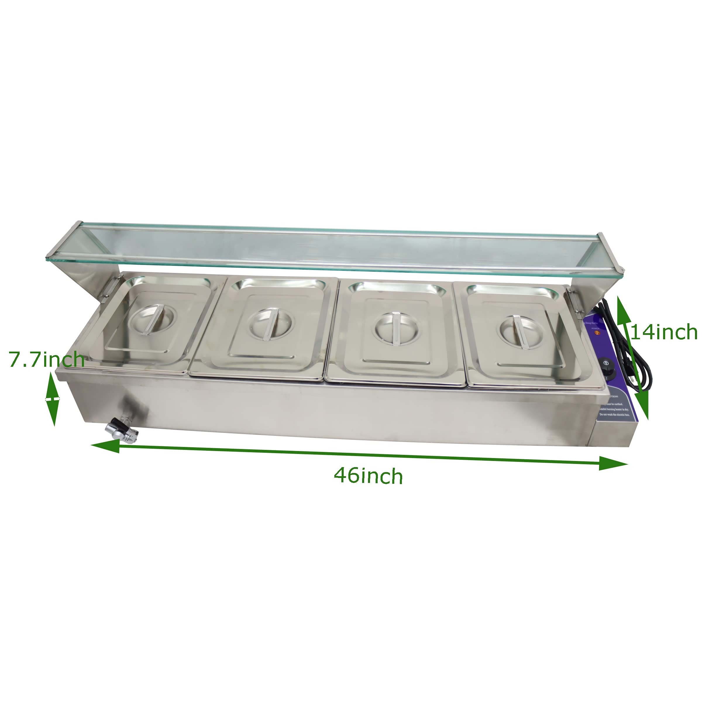 TECHTONGDA 4-Pan Commercial Food Warmer | 6-Inch Deep Stainless Steel Bain Marie with Glass Shield | Perfect for Buffets, Catering & Restaurant Food Service