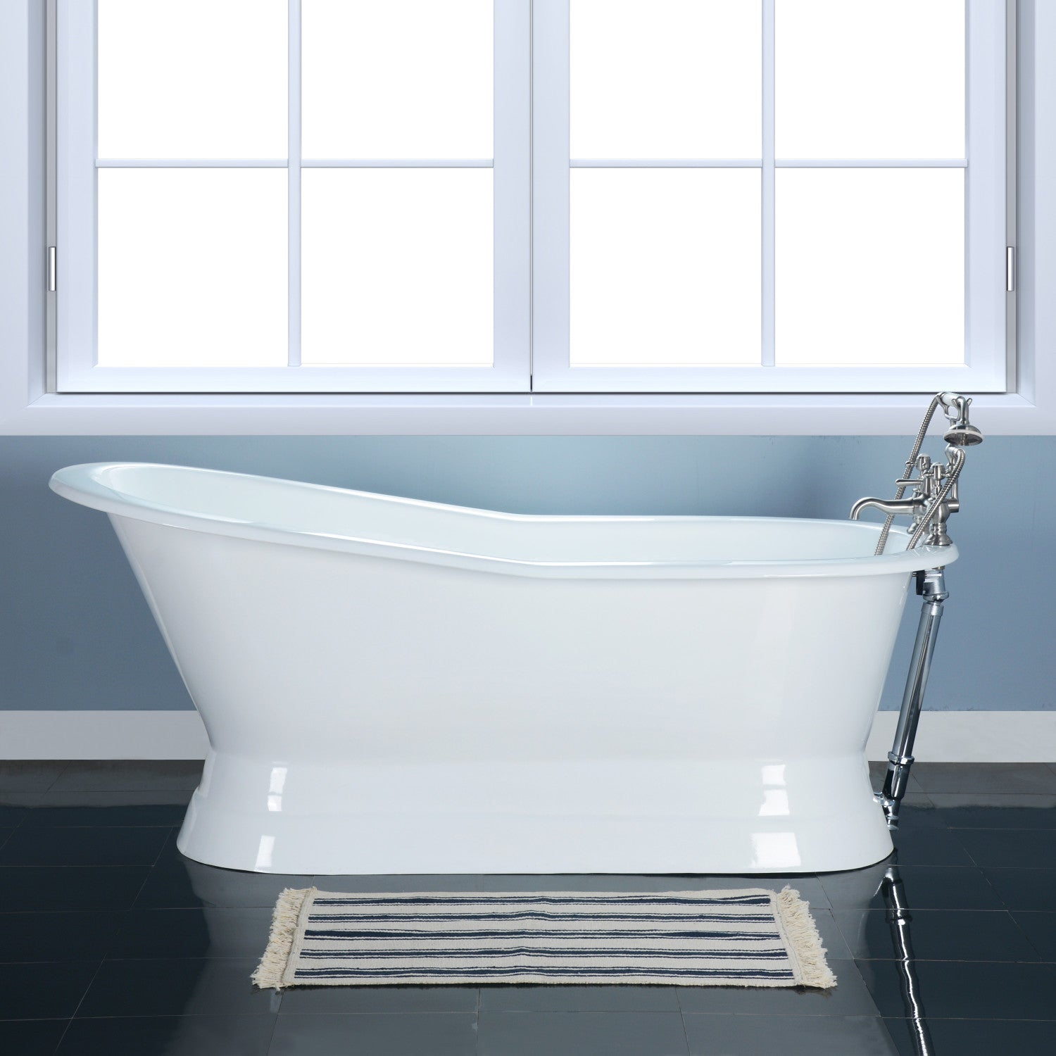 Aqua Eden 67 Inch White Cast Iron Oval Single Slipper Pedestal Bathtub with 7 Inch Faucet Drillings - Vintage Freestanding Soaking Tub for Luxury Bathroom & Spa Relaxation