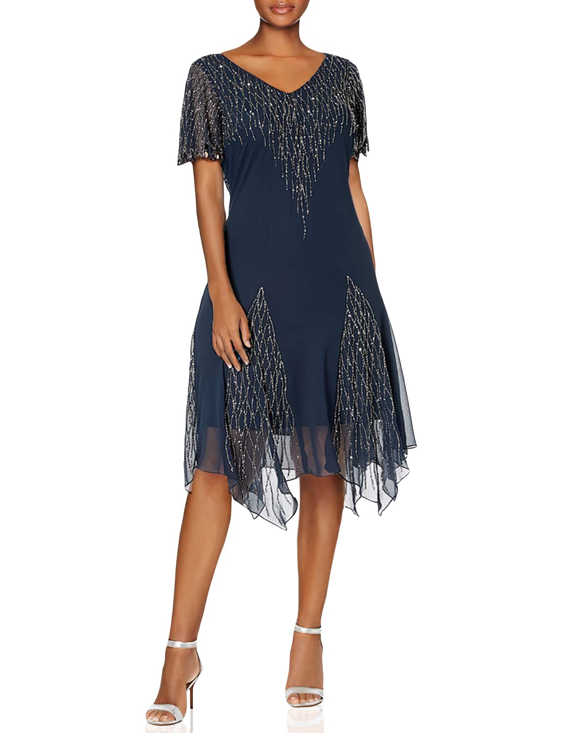 J Kara Women's Plus Size Short Beaded Godet Dress for Parties, Weddings & Special Occasions - Elegant Flared Midi Dress with Beaded Details