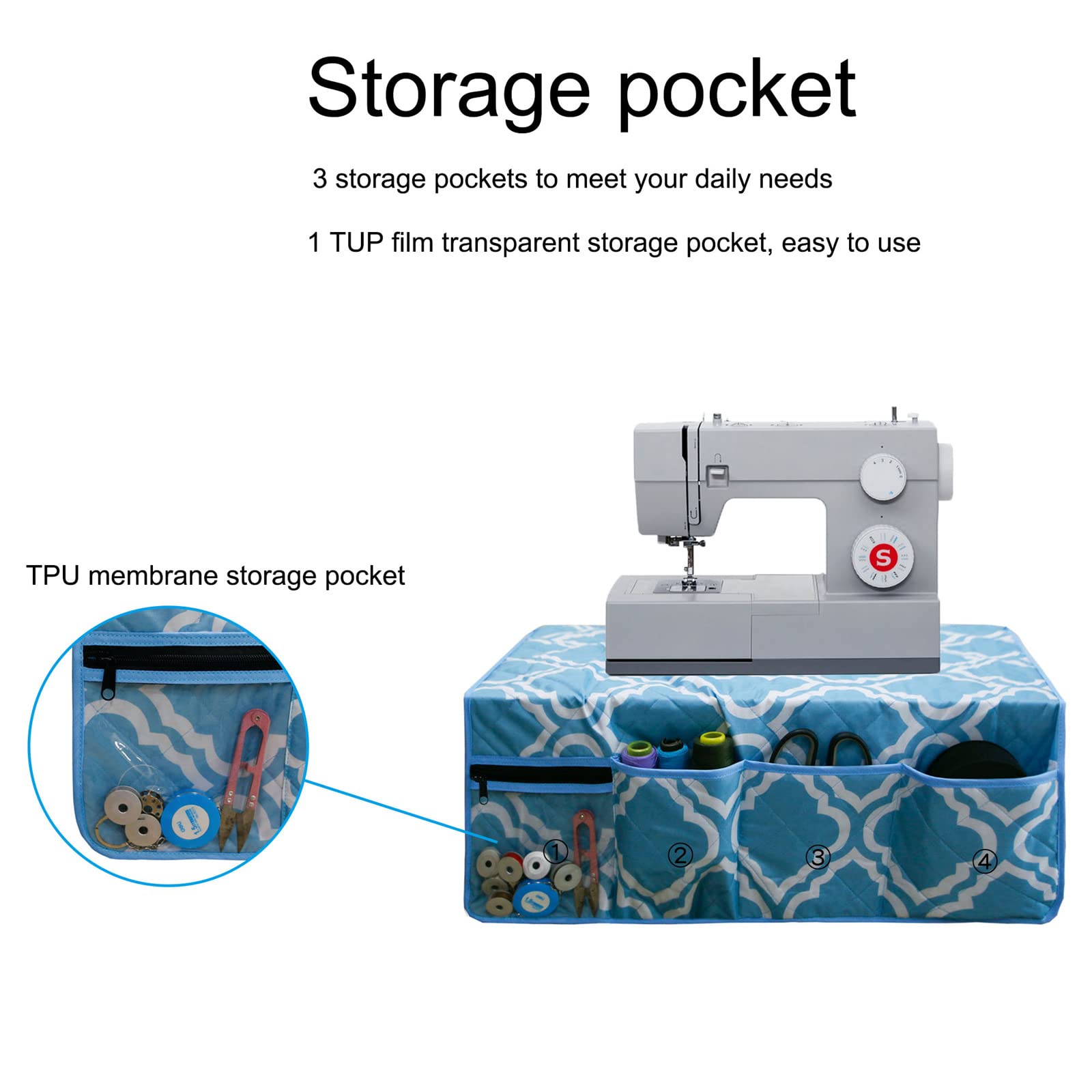 Non-Slip Sewing Machine Pad for Table with 4 Storage Pockets - Dustproof Quilting Machine Cover - Blue Floral Pattern Sewing Accessories Organizer - Perfect for Craft Rooms, Quilting Stations & Home Sewing Projects