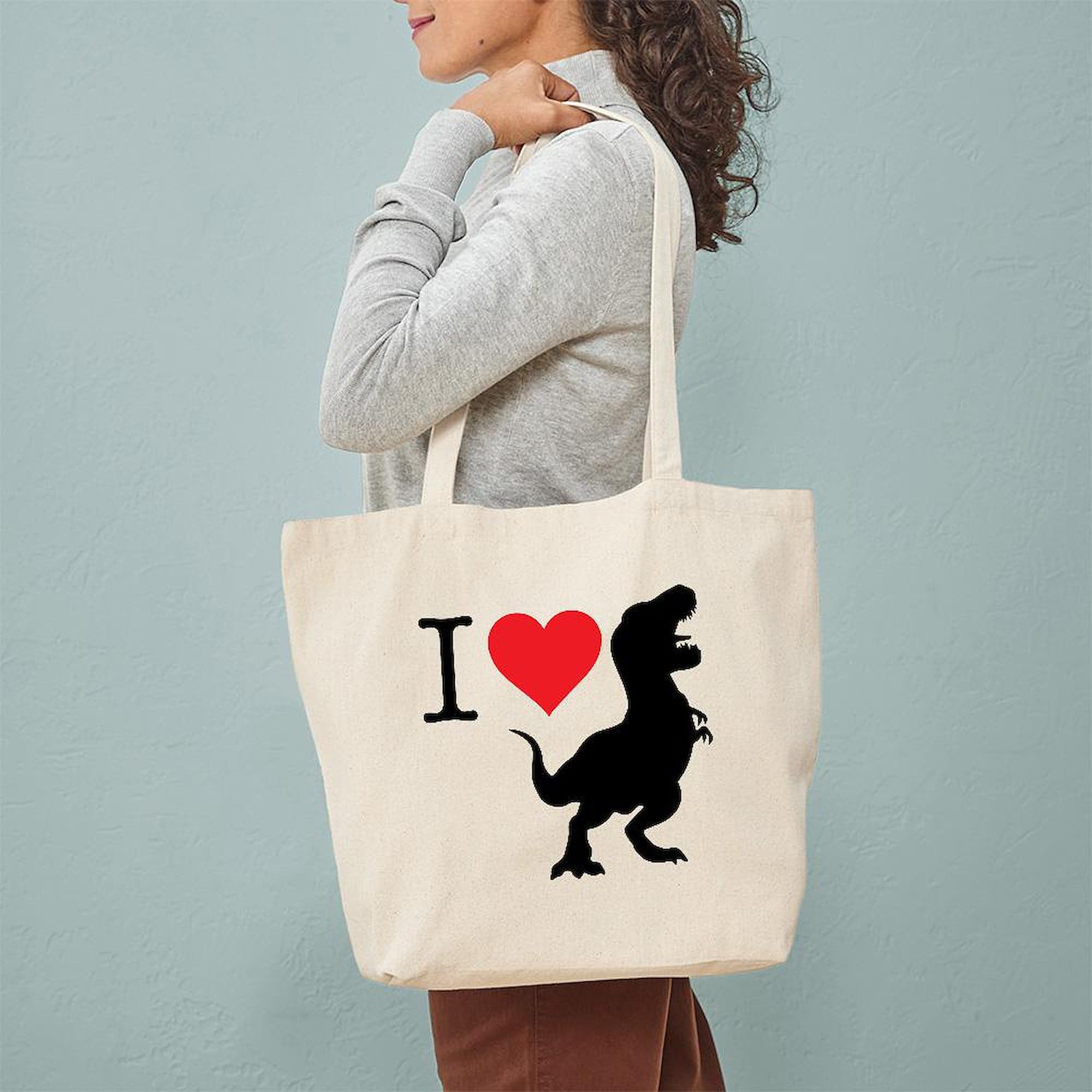 I Love T-Rex Canvas Tote Bag - Reusable Natural Shopping Bag for Groceries, Beach & Daily Use | Dinosaur Gift for Kids & Adults