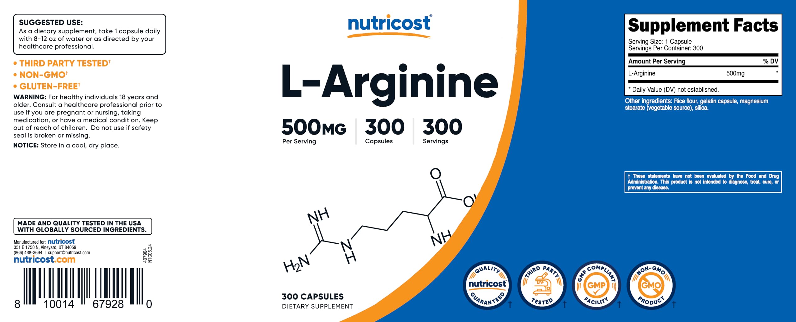 Nutricost L-Arginine 500mg, 300 Capsules - Gluten Free, Non-GMO Supplement for Heart Health, Blood Flow & Workout Performance - Supports Nitric Oxide Production & Muscle Recovery