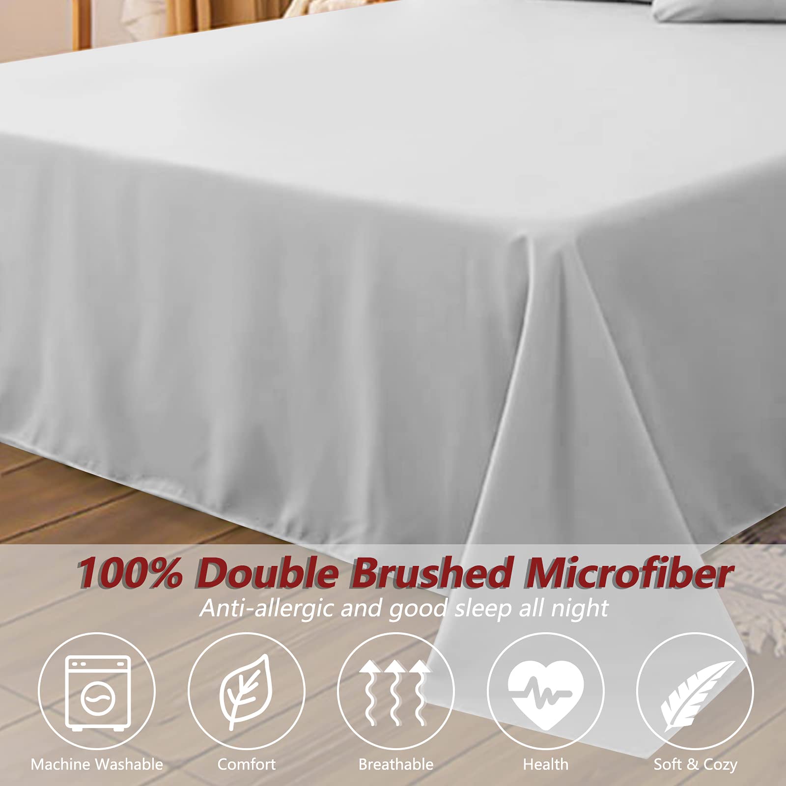Breathable Microfiber Bed Sheets - Ultra Soft, Wrinkle Resistant & Double Brushed Flat Sheet for Twin, Full, Queen & King Size Beds | Machine Washable (White, Queen) - Perfect for All-Season Comfort in Bedroom, Guest Room or Dorm