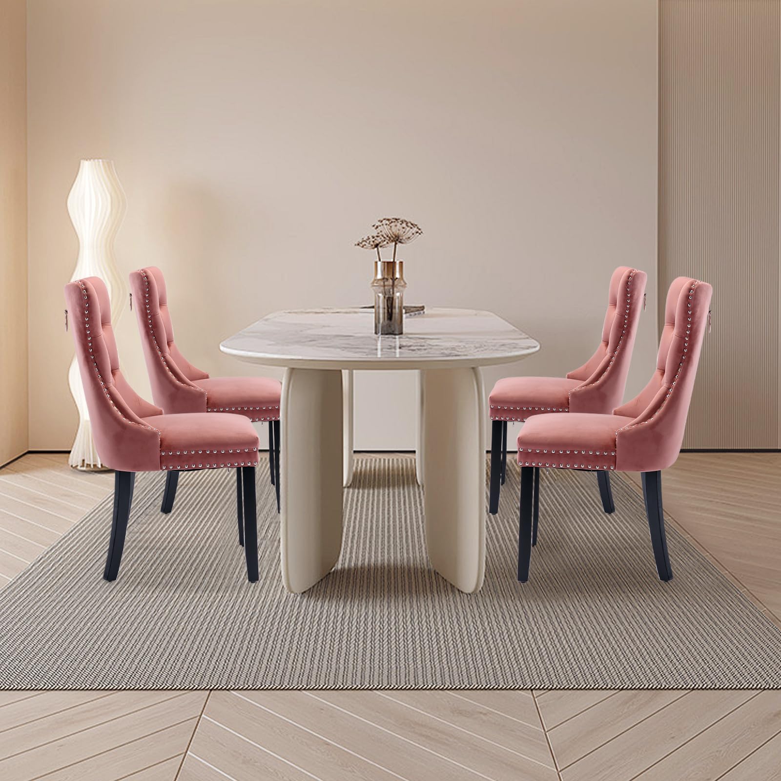 Luxury Velvet Upholstered Dining Chairs Set of 4 - Modern Kitchen Side Chairs with Nailhead Trim & Solid Wood Legs - Metal Pulling Ring for Dining Room, Living Room, Home Office - Soft Pink Velvet Seating (4-Piece Set) - Perfect for Modern Homes, Restaurants & Wedding Decor