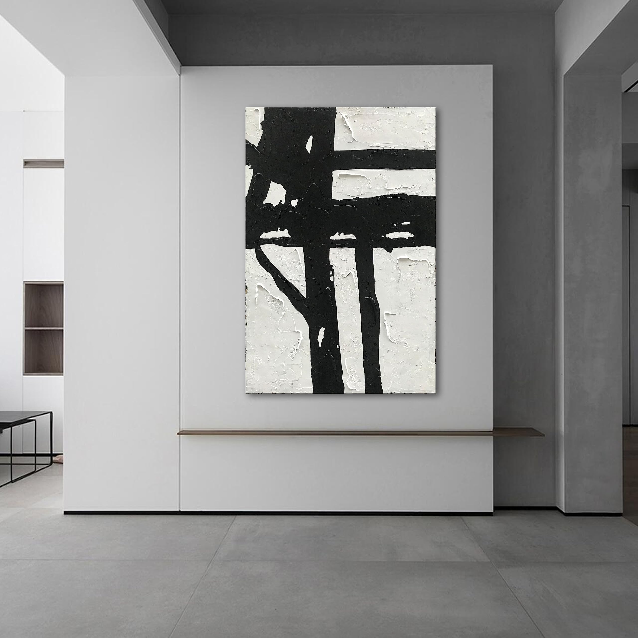 Hand-Painted Black and White Abstract Wall Art - Contemporary Minimalist Oil Painting 45x30 Inch - Large Modern Canvas Art for Living Room, Bedroom, Office & Hallway Decor - Perfect for Home, Apartment & Commercial Spaces