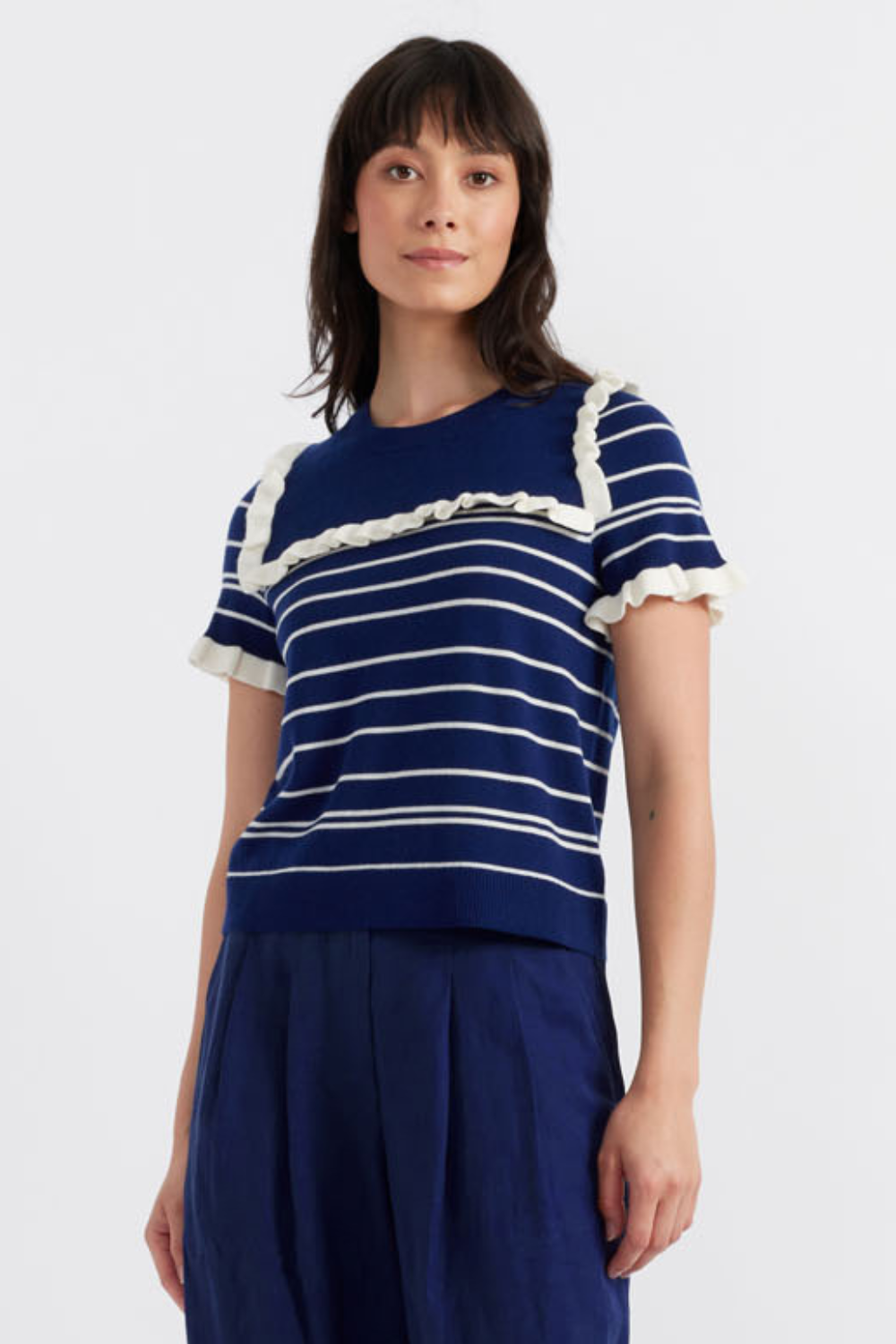 Blue Merino Wool Nautical Top for Women - Soft & Breathable Crewneck Shirt for Sailing, Travel & Casual Wear